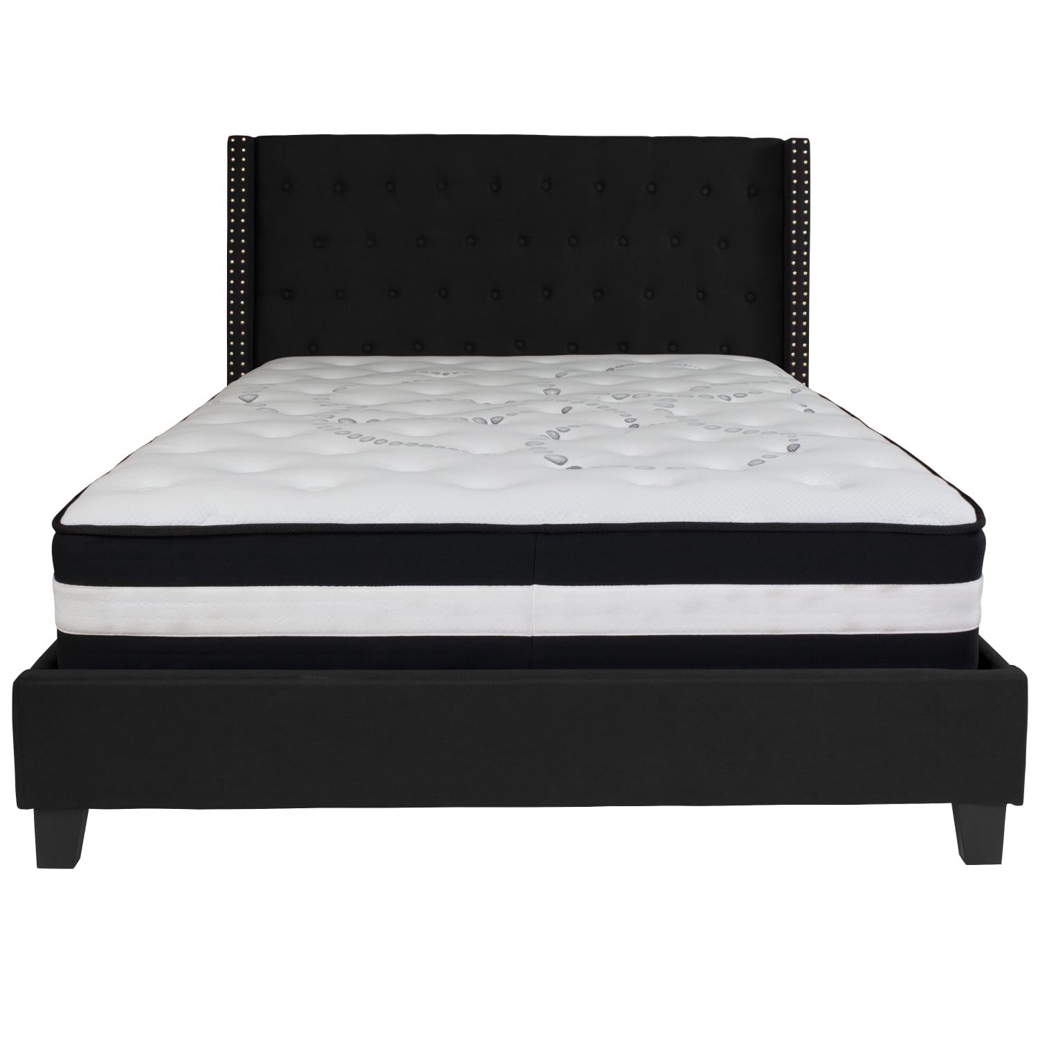 Flash Furniture Riverdale Tufted Upholstered Platform Bed With Accent Nail Trimmed Extended Sides And Pocket Spring Mattress, Queen, Black - Image 6
