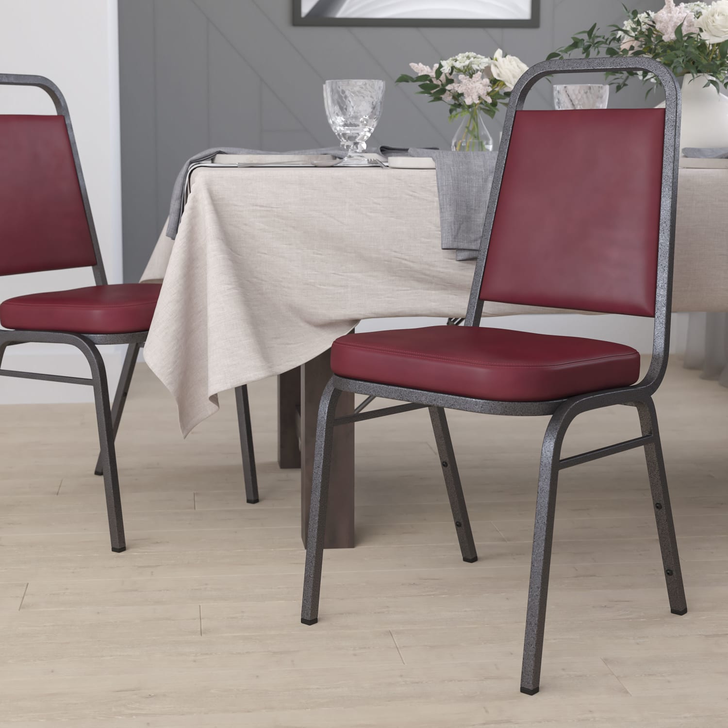 Flash Furniture HERCULES Series Trapezoidal Back Vinyl Stacking Banquet Chair with 2.5in Thick Seat, Burgundy Vinyl/Silver Vein Frame - Image 3