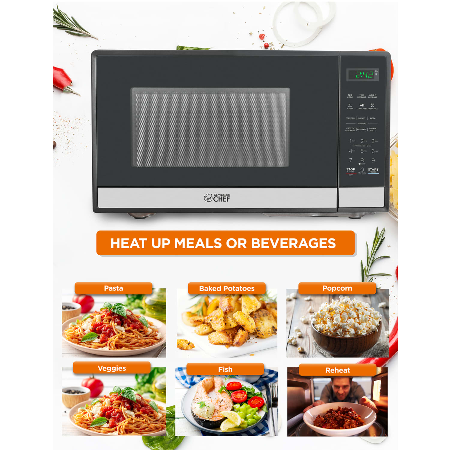 Commercial Chef 0.9 Cu. Ft. Countertop Microwave, Silver/Black - Image 3