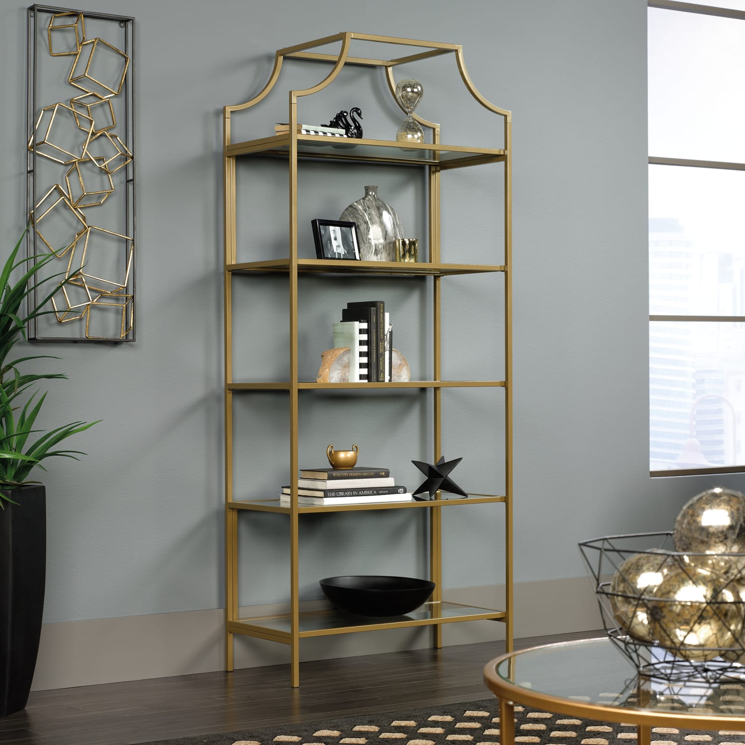 Sauder International Lux 71inH 5-Shelf Bookcase, Satin Gold - Image 5