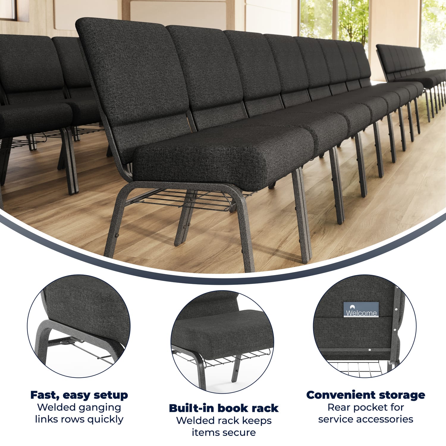 Flash Furniture HERCULES Series Church Chair With Book Rack, Dark Gray/Silver Vein - Image 4