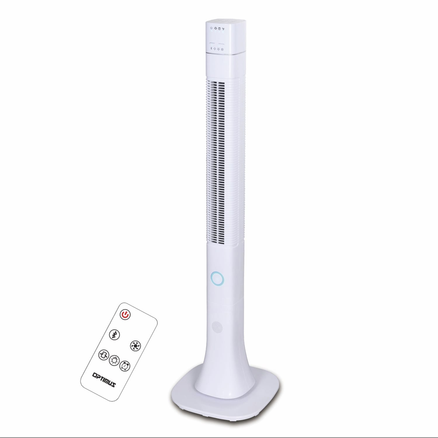 Optimus Pedestal Tower Fan With Remote And Speaker, 48in x 9in, White