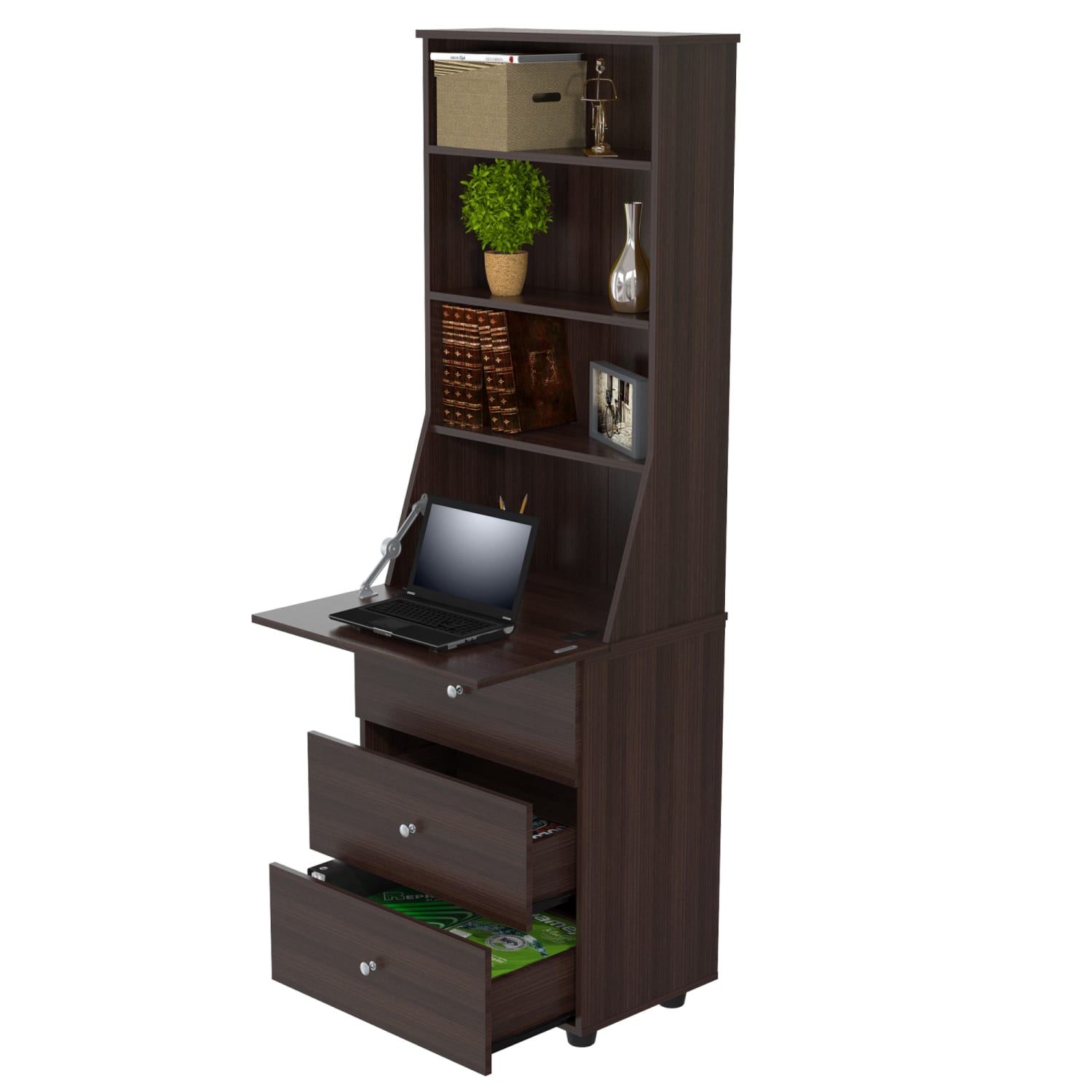 Inval Computer Armoire Cabinet Workstation With Work Shelf, 15-2/5inH x 71-1/10inW x 23-2/3inD, Espresso-Wengue - Image 6
