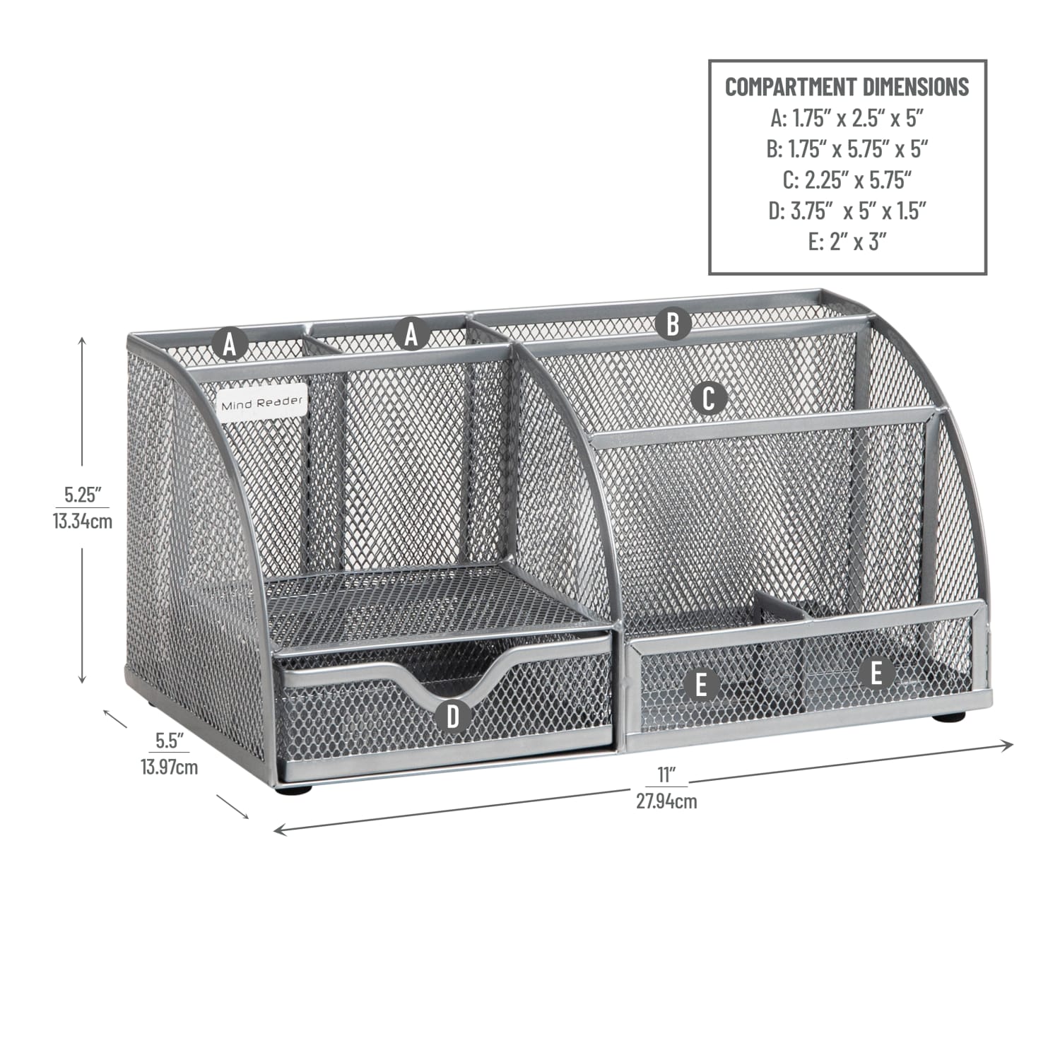 Mind Reader 7-Compartment Desktop Organizer, 5-1/4inH x 5-1/2inW x 11inD, Silver - Image 3