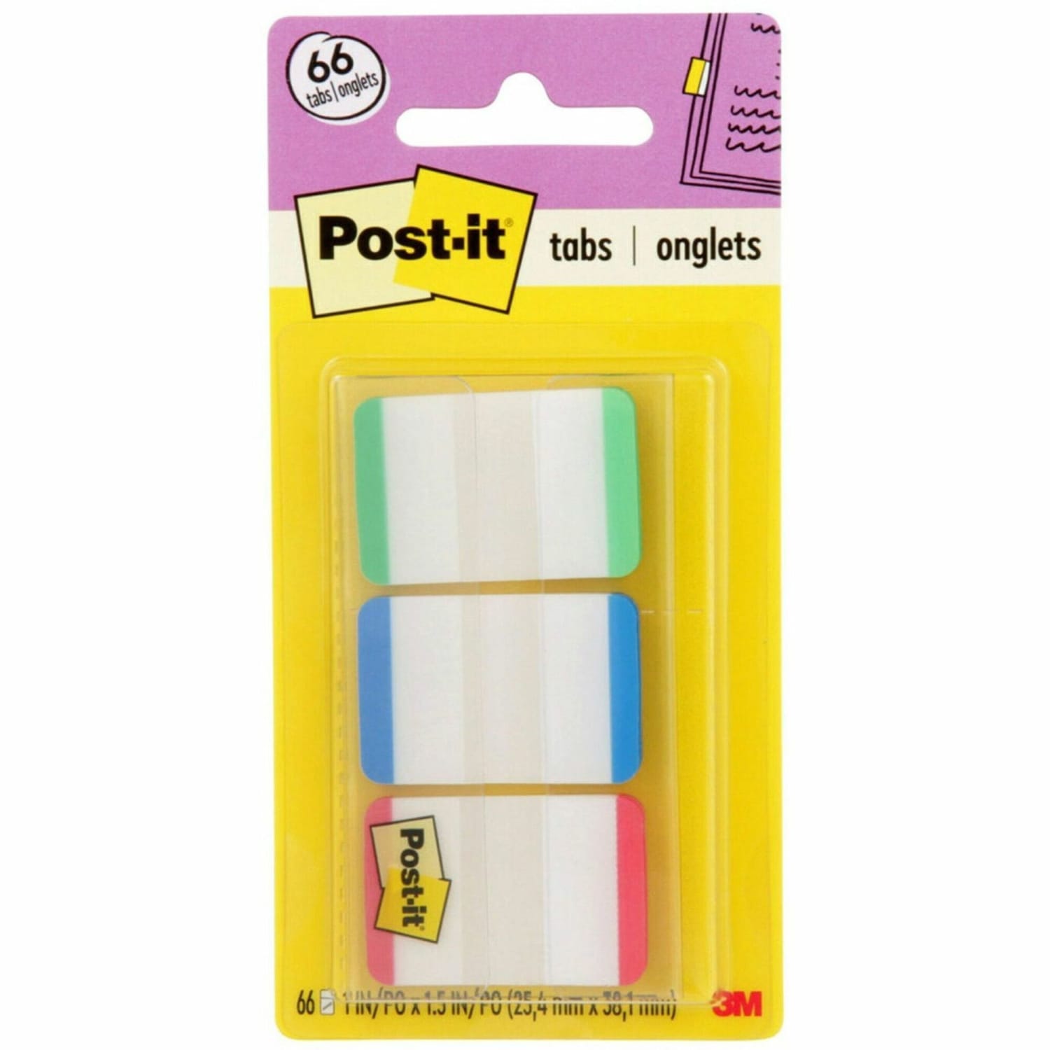 Post-it Durable Tabs, 1in x 1 1/2in, Blue/Green/Red Color Bars, 22 Flags Per Pad, Pack Of 3 Pads