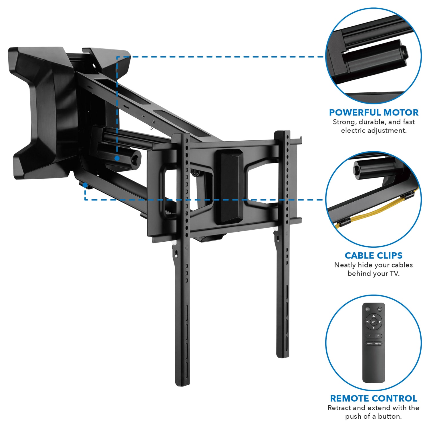 Mount-It! MI-386 Motorized Fireplace TV Wall Mount For Screens 30 To 70in, 71inH x 13inW x 18inD, Black - Image 4