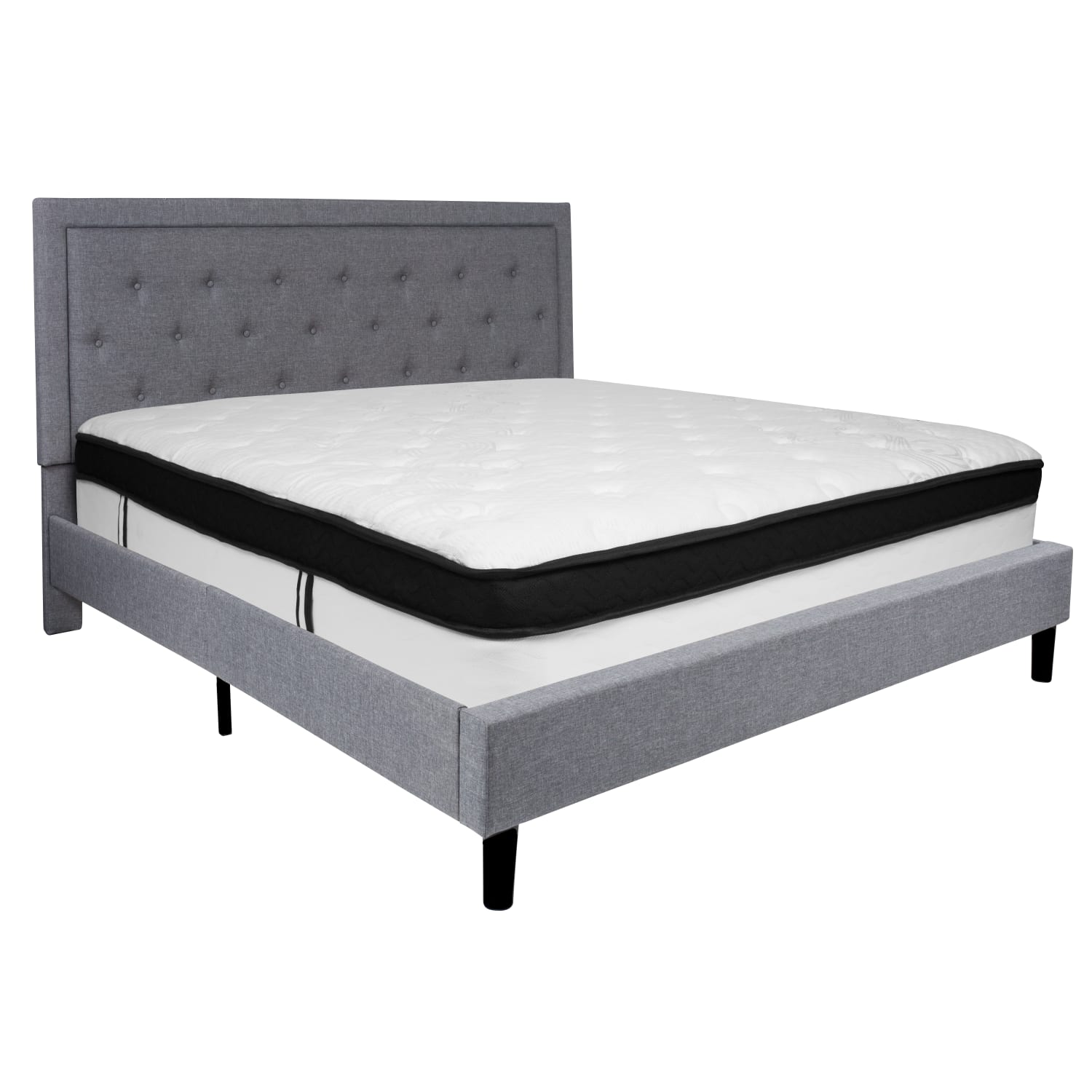 Flash Furniture Roxbury Panel Tufted Upholstered Platform Bed and Memory Foam Pocket Spring Mattress, King, 50-3/4inH x 81inW x 85-1/4inL, Light Gray - Image 3