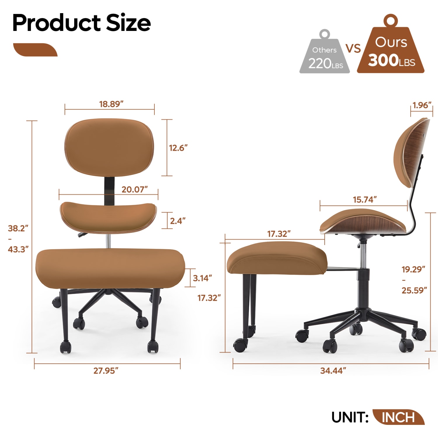 Bestier Ergonomic Faux Leather Mid-Back Cross Legged Office Task Chair With Wheels, Brown - Image 3