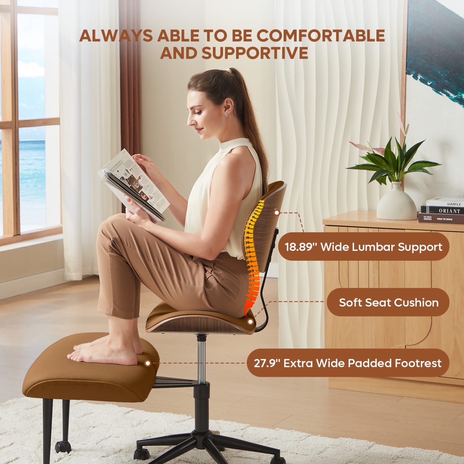 Bestier Ergonomic Faux Leather Mid-Back Cross Legged Office Task Chair With Wheels, Brown - Image 4