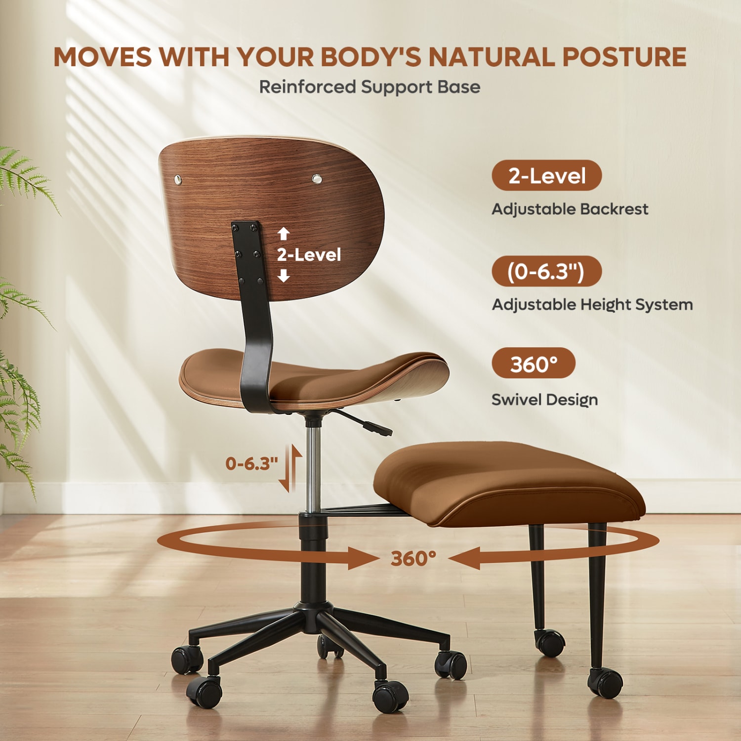 Bestier Ergonomic Faux Leather Mid-Back Cross Legged Office Task Chair With Wheels, Brown - Image 5