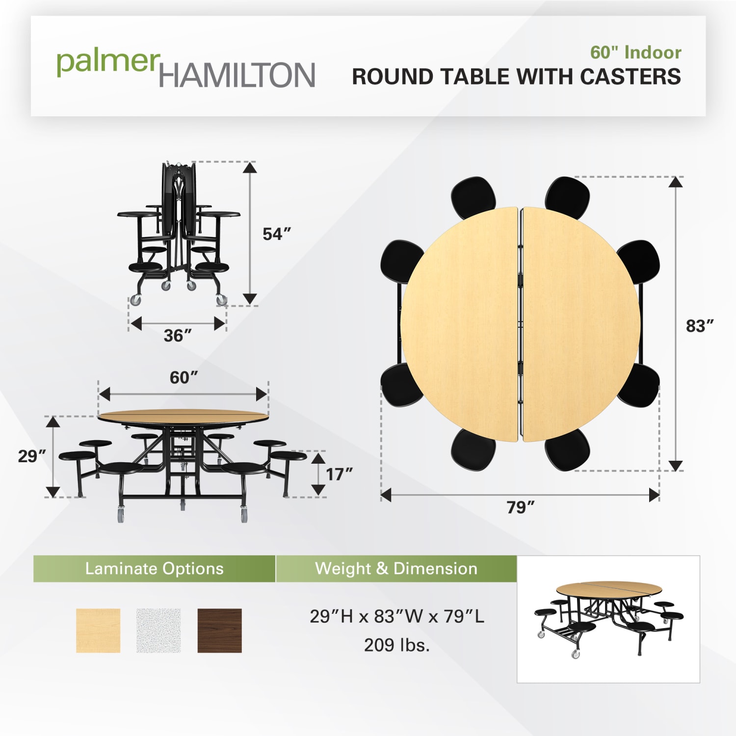 Palmer Hamilton 59T Round Mobile Cafeteria Table, 29in x 83in, Fusion Maple - Image 3