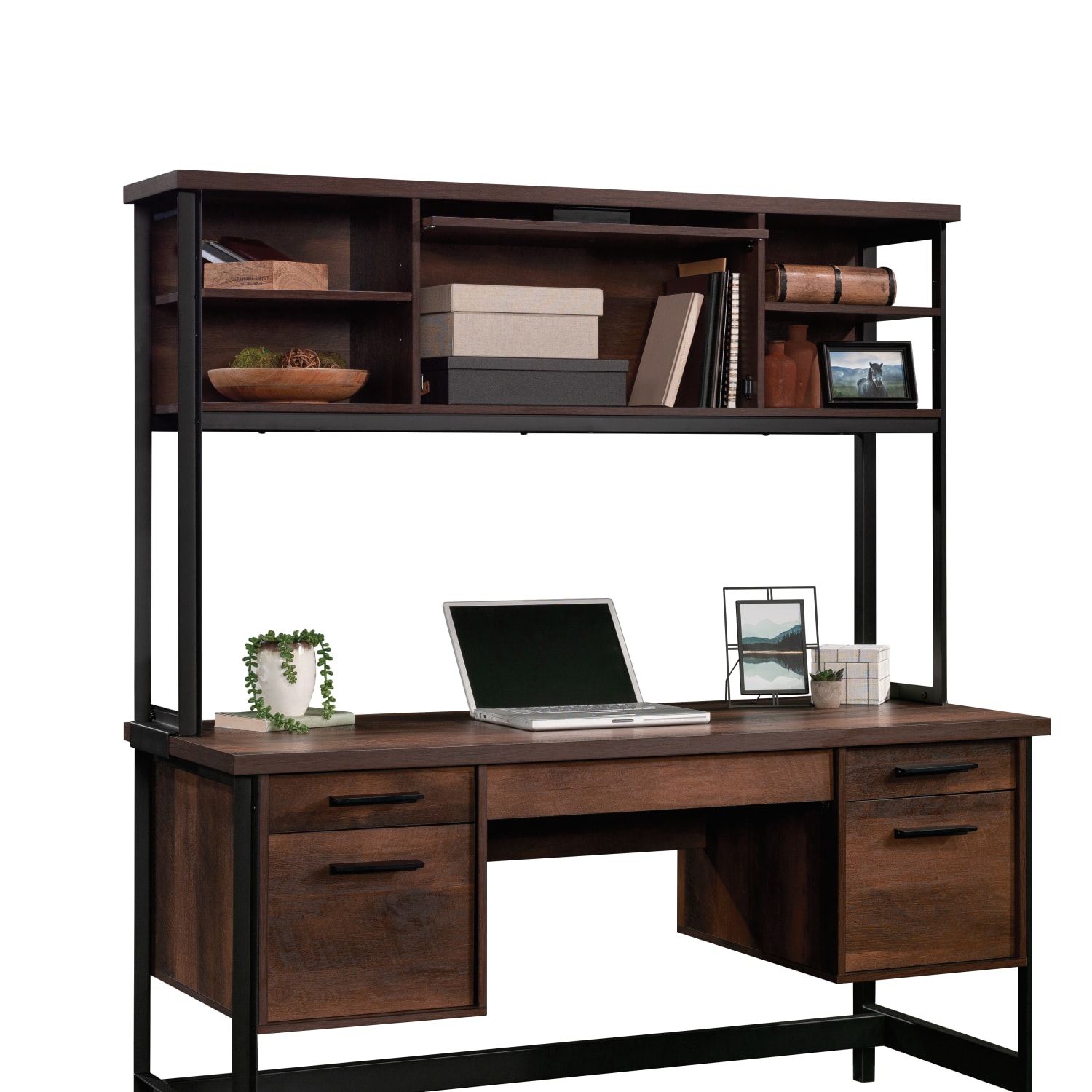 Sauder Briarbrook Commercial Hutch, 36-4/5inH x 60inW x 12-1/8inD, Barrel Oak/Black - Image 3