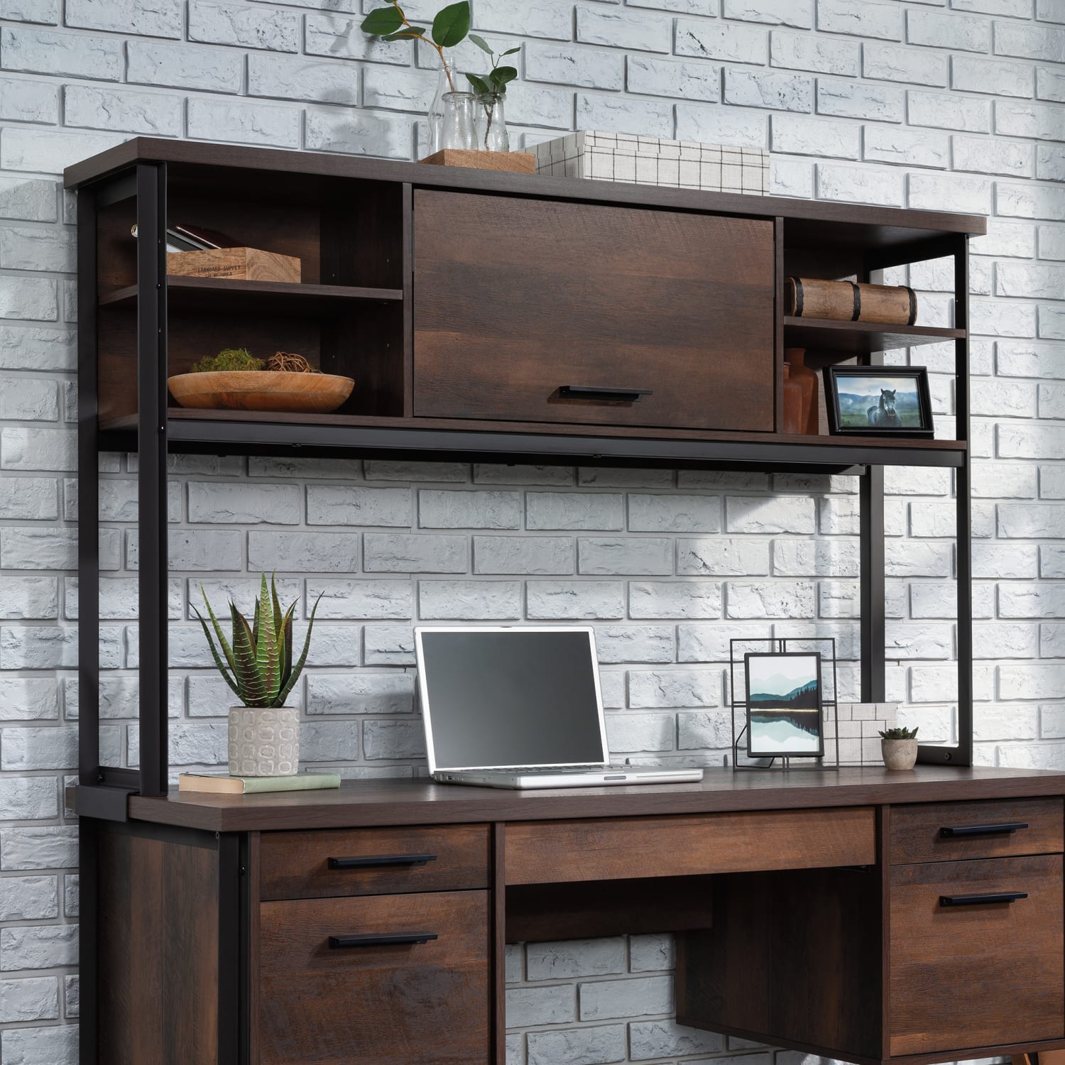 Sauder Briarbrook Commercial Hutch, 36-4/5inH x 60inW x 12-1/8inD, Barrel Oak/Black - Image 4