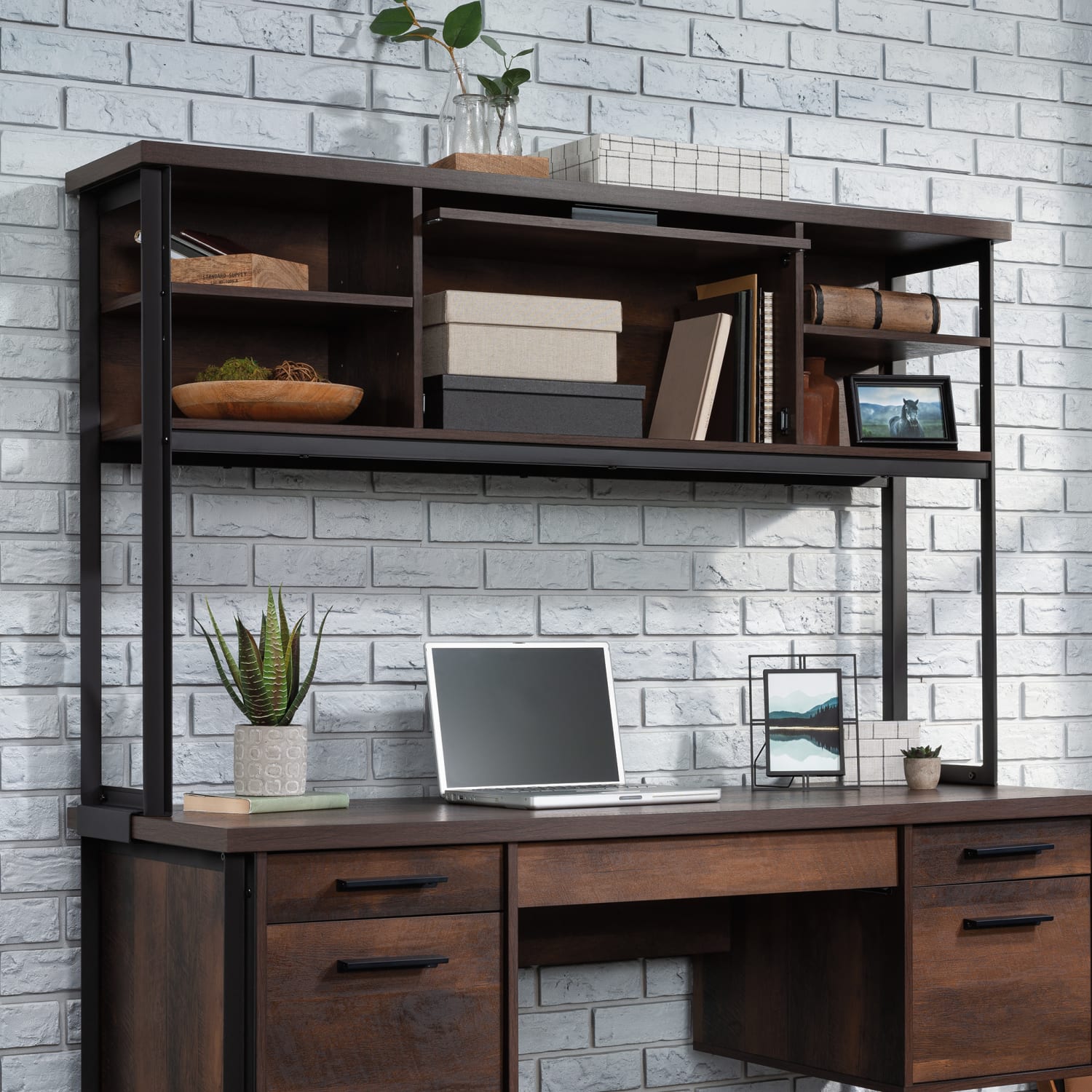 Sauder Briarbrook Commercial Hutch, 36-4/5inH x 60inW x 12-1/8inD, Barrel Oak/Black - Image 5