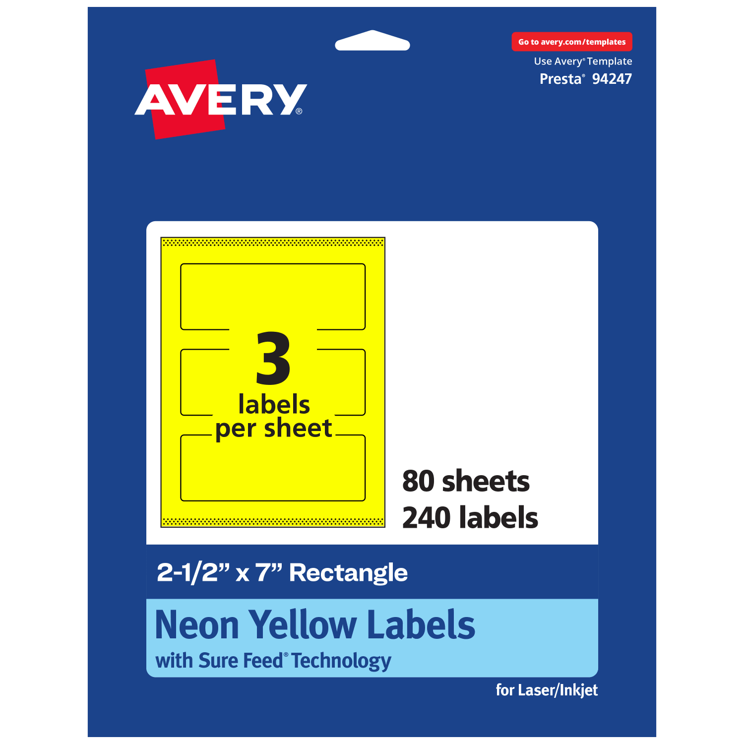Avery Print-To-The-Edge Labels With Sure Feed Technology, 94247-NYP80, Rectangle, 2-1/2in x 7in, Matte Neon Yellow, Pack of 240