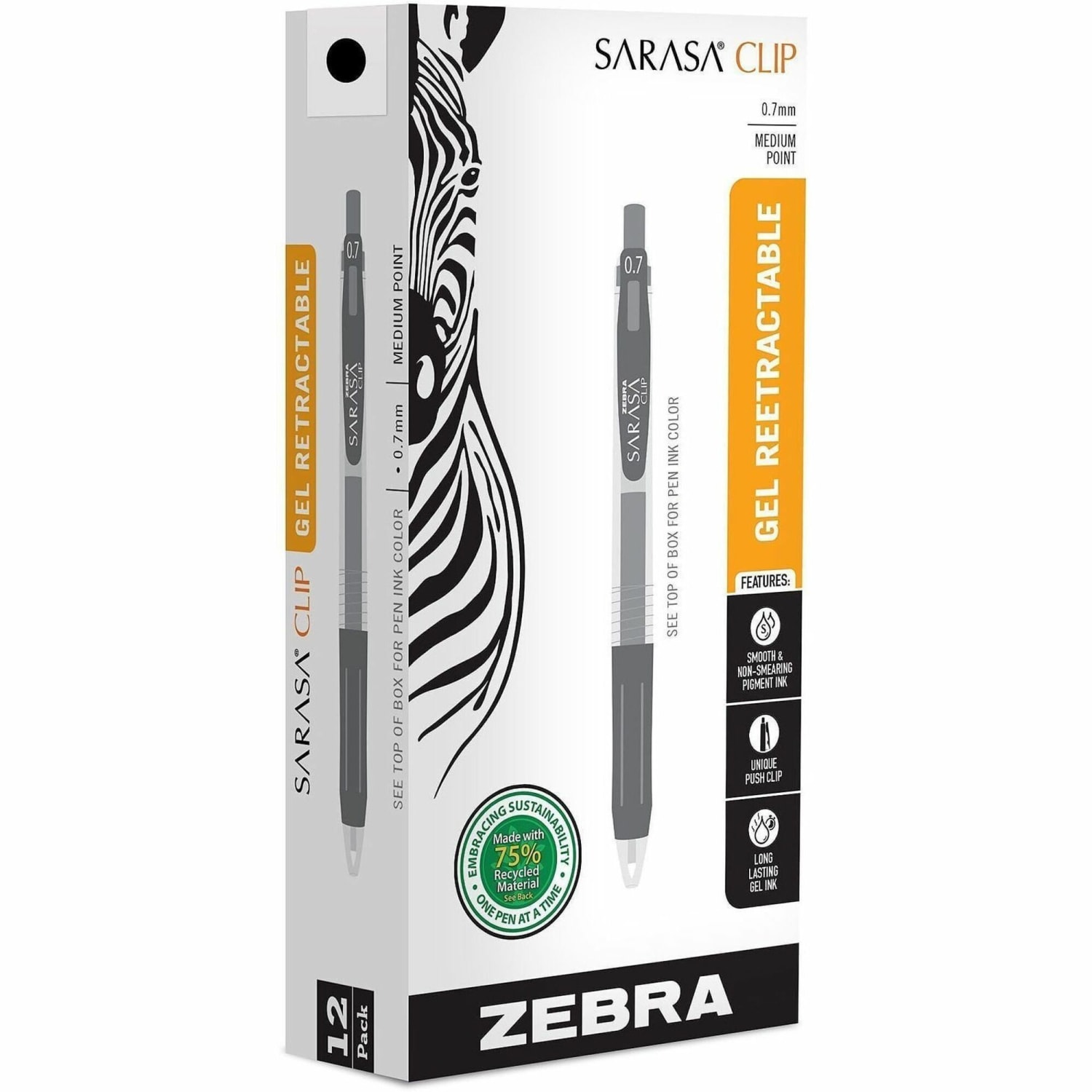 Zebra Pen SARASA Retractable Gel Pens, Pack Of 12, Medium Point, 0.7 mm, Silver Barrel, Black Ink