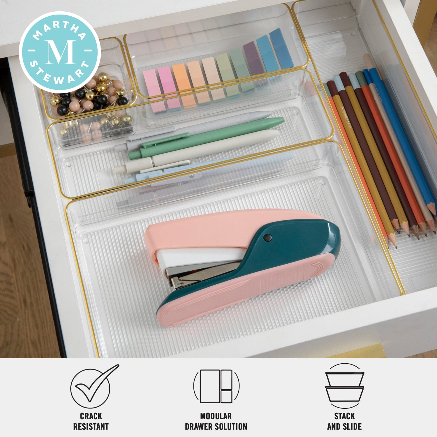 Martha Stewart Kerry Plastic Stackable Office Desk Drawer 6-Piece Organizer Set, Clear/Gold Trim - Image 4