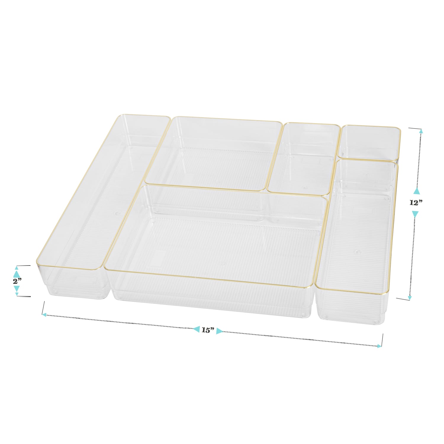 Martha Stewart Kerry Plastic Stackable Office Desk Drawer 6-Piece Organizer Set, Clear/Gold Trim - Image 5