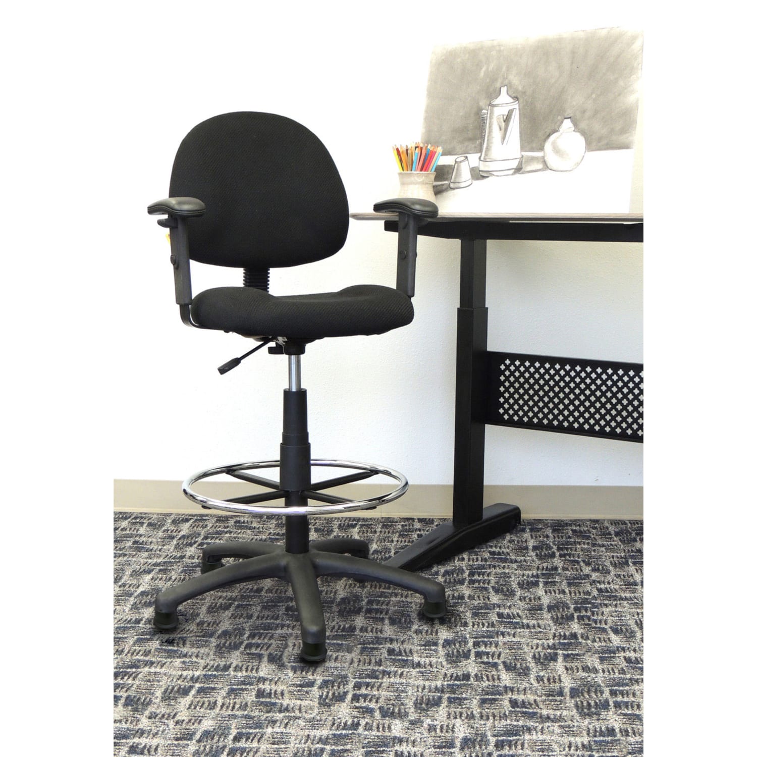 Boss Office Products Ergonomic Drafting Stool With Back Footring Black PopularChairscom