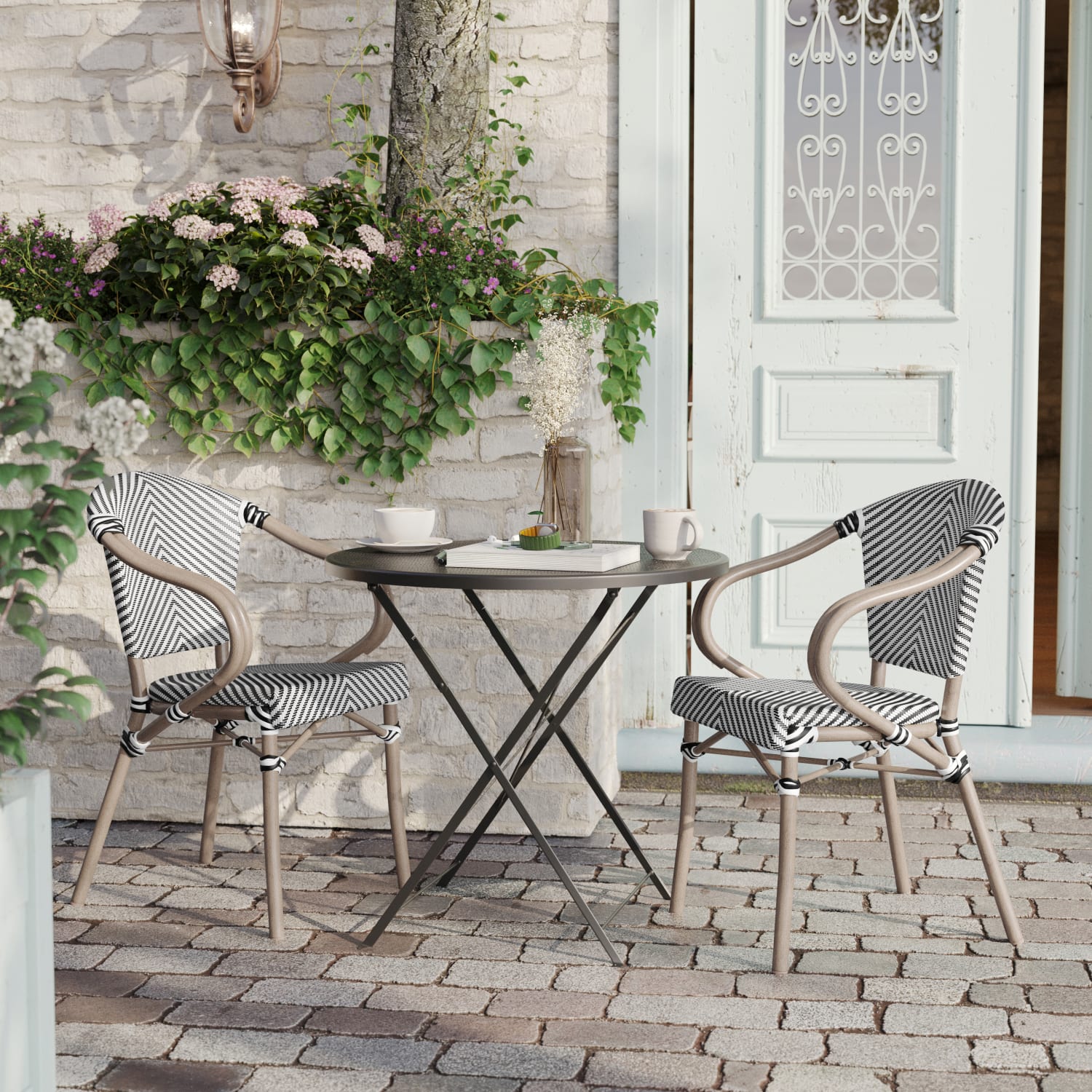 Flash Furniture 2 Pack Marseille IndoorOutdoor Commercial Bistro Stacking Chair with Arms Black  WhiteLight Natural Frame  2SDAS64218BKWLT PopularChairscom