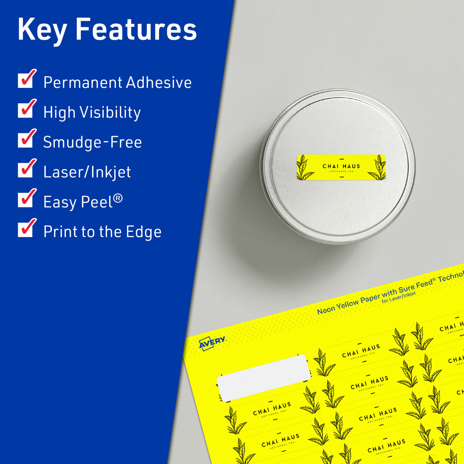 Avery Print-To-The-Edge Labels With Sure Feed Technology And Easy Peel, 94204-NYP20, Rectangle, 1/2in x 1-3/4in, Matte Neon Yellow, Pack of 1200 - Image 3