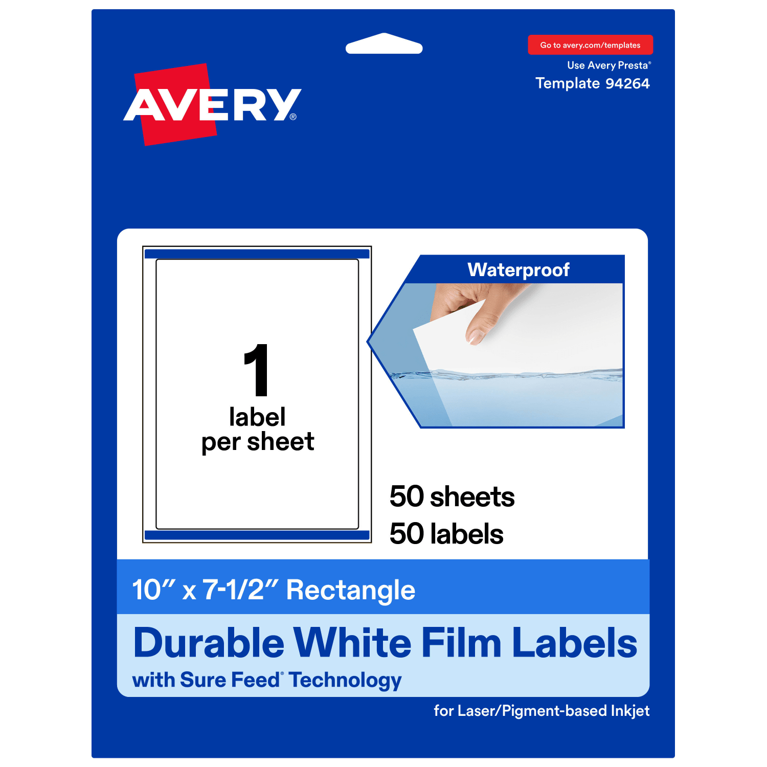 Avery Waterproof Permanent Labels With Sure Feed, 94264-WMF50, Rectangle, 10in x 7-1/2in, White, Pack Of 50