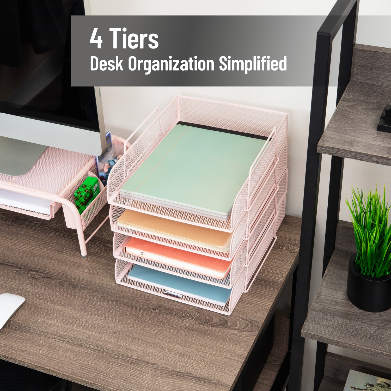 Mind Reader Metal Stackable Paper Tray Desktop Organizer, 11-1/4inH x 13-1/2inW x 10-1/2 D", Pink - Image 3