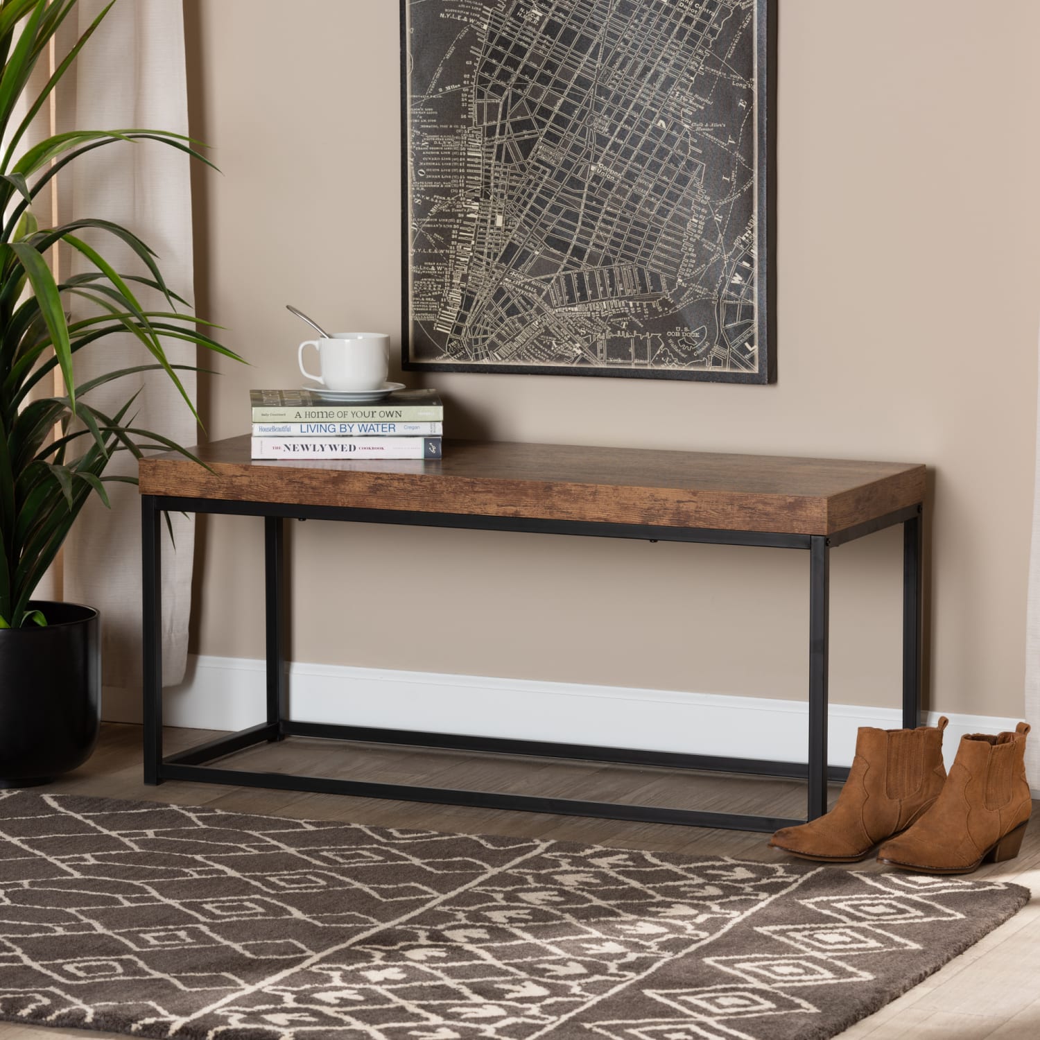 Baxton Studio Bardot Modern Industrial Accent Bench 17 34inH x 39 716inW x 15 34inD Walnut BrownBlack PopularChairscom