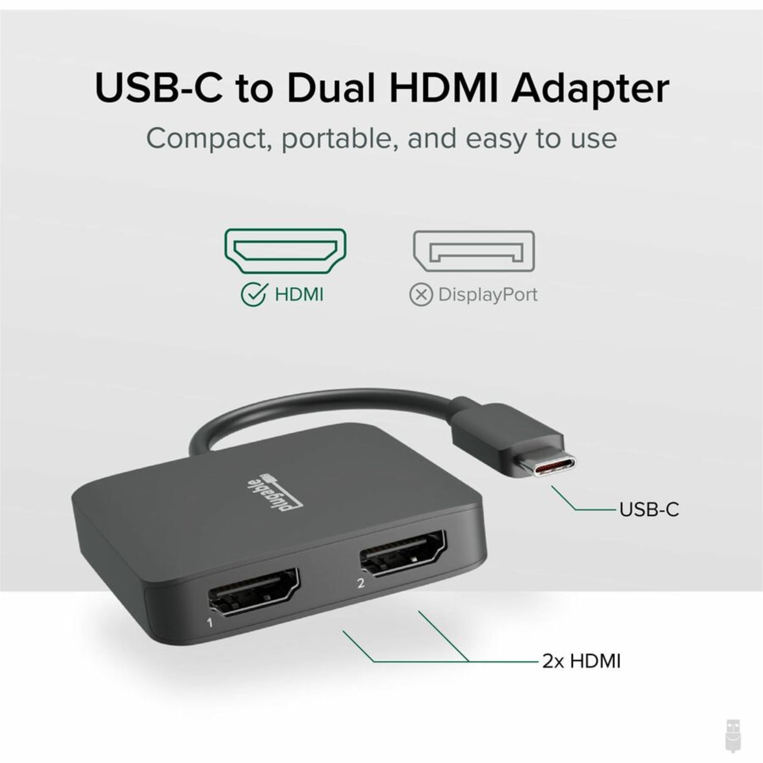 Plugable USB C to HDMI Adapter for Dual Monitors 4K 60Hz - Compatible with Windows, Chromebook, USBC Thunderbolt USB4 Laptops, MST Extended Display Type C Multi HDMI Port Adapter, Driverless - Image 3