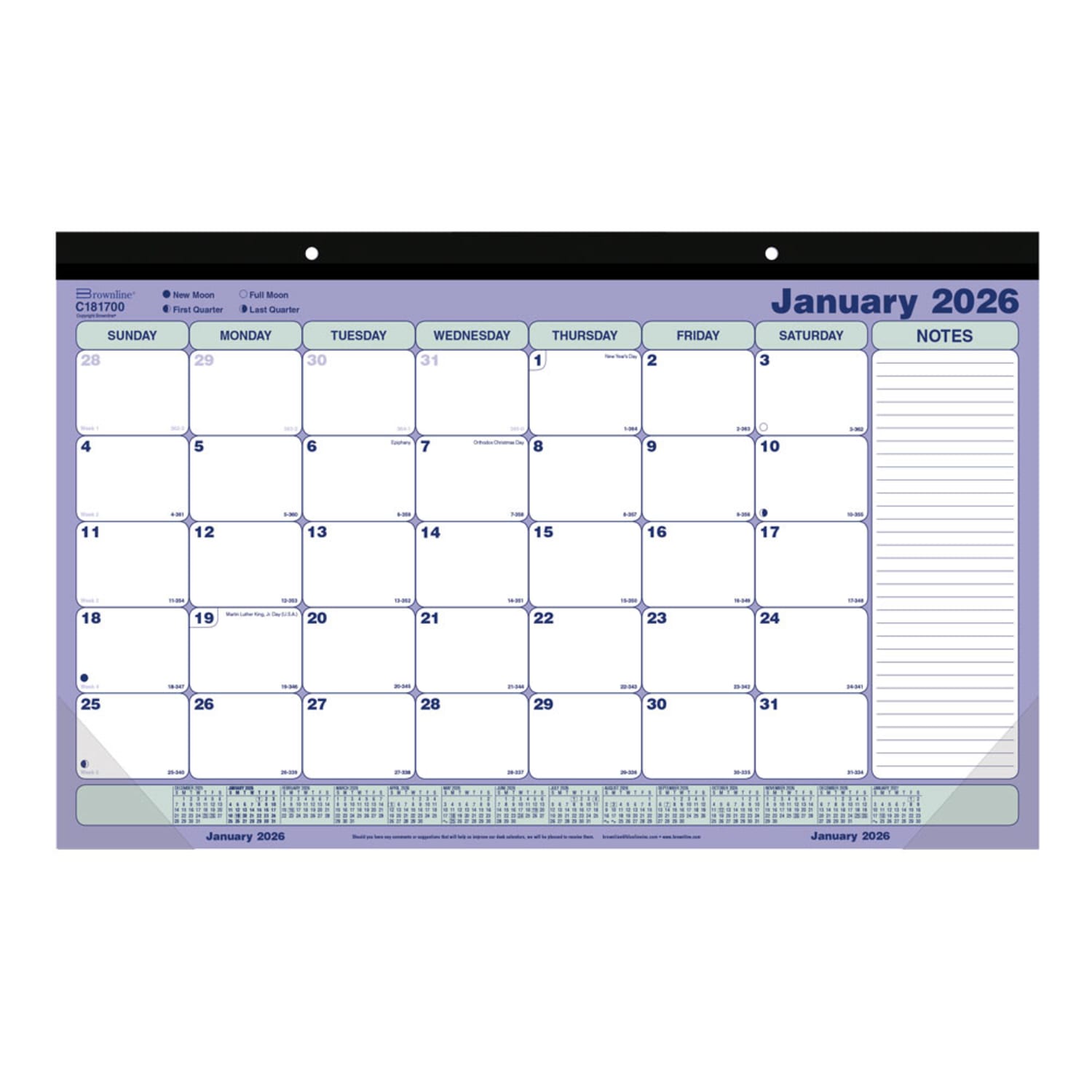 2026 Brownline Monthly Desk Pad Calendar, 17-3/4in x 10-7/8in, Blue/White, January To December, C181700