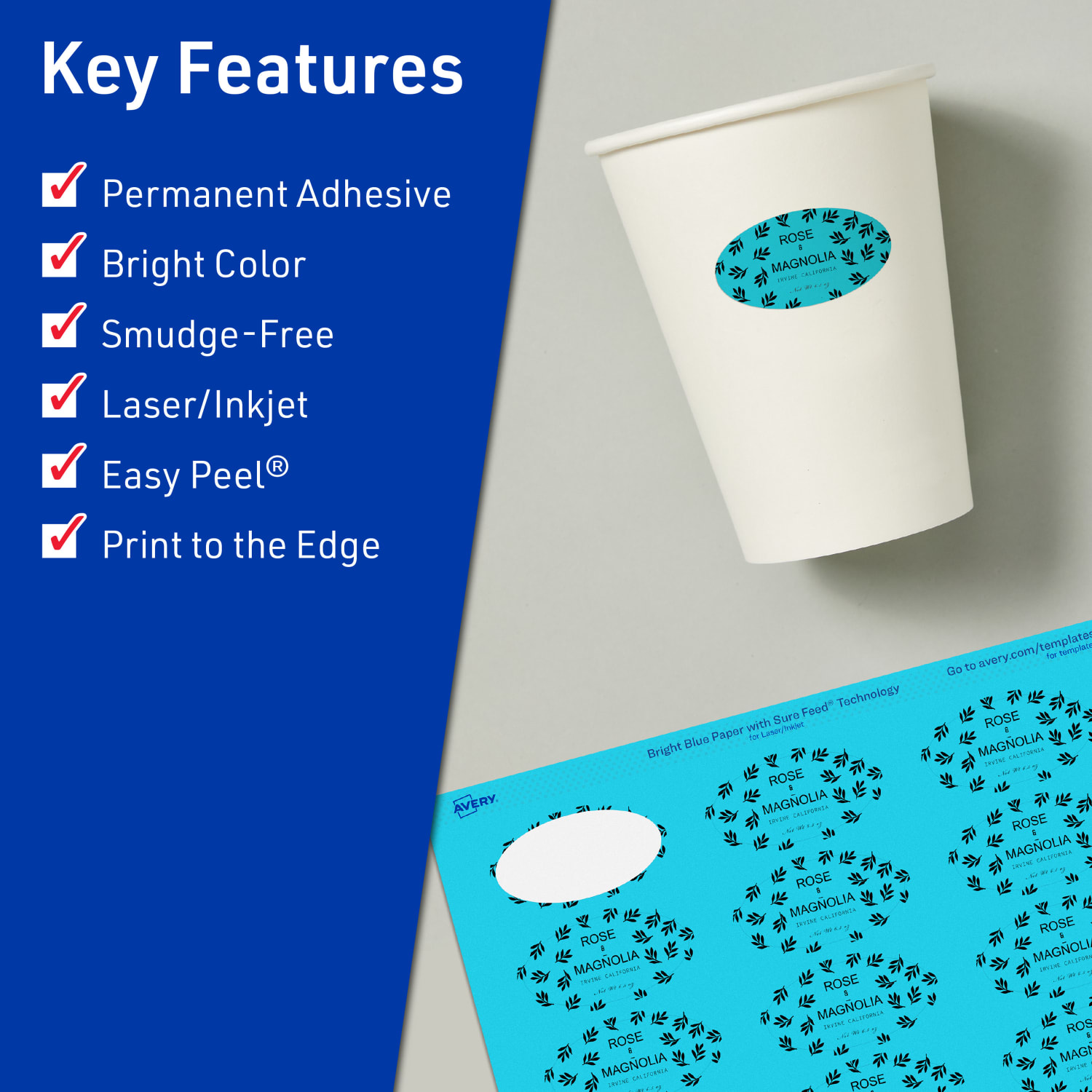 Avery Print-To-The-Edge Labels With Sure Feed Technology And Easy Peel Label Feature, 94053-BBP40, Oval, 1in x 2in, Matte Bright Blue, Pack of 960 - Image 3