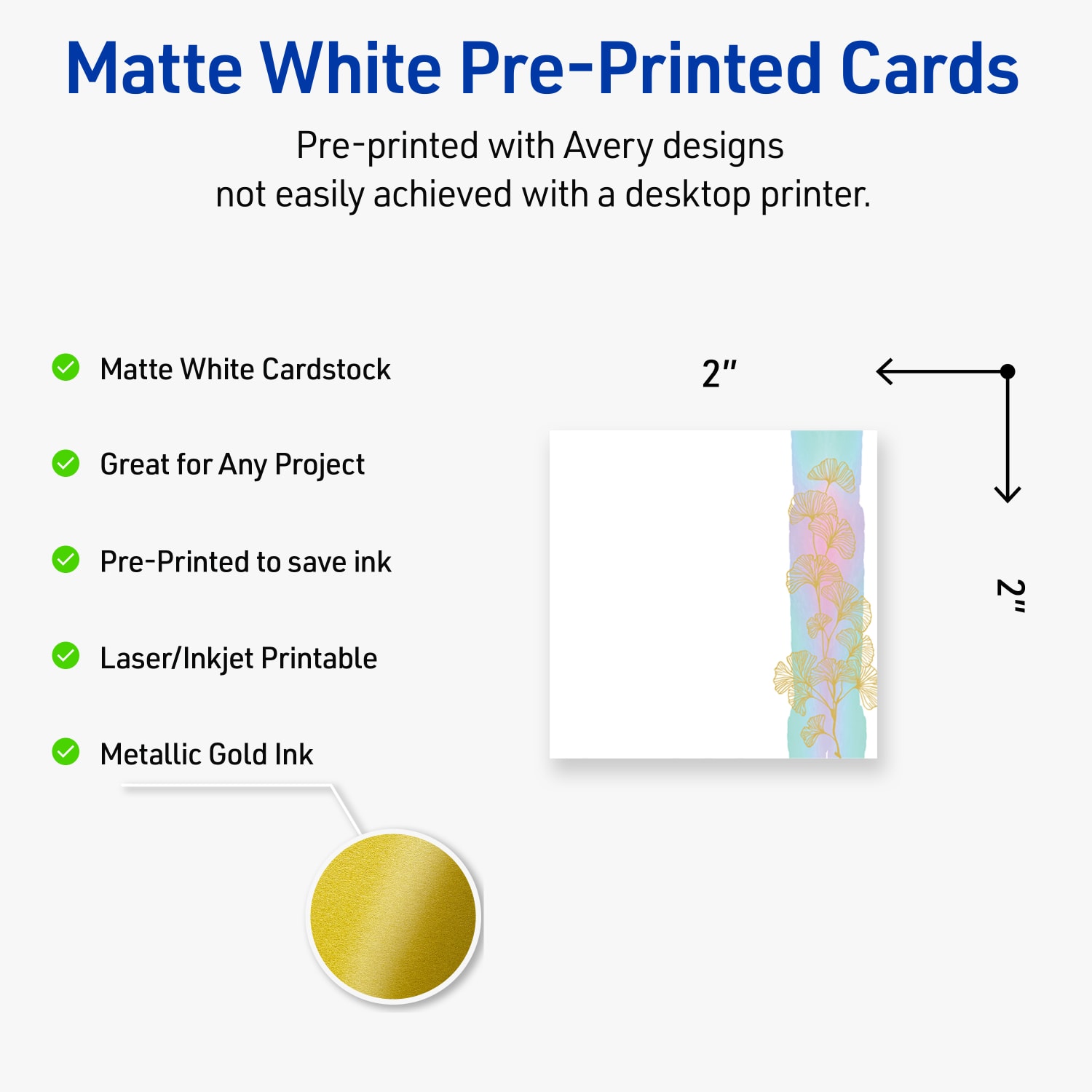 Avery Printable Cards With Sure Feed Technology, 2in x 2in, Matte White With Watercolor/Gold Leaf Design, Pack Of 120 - Image 4