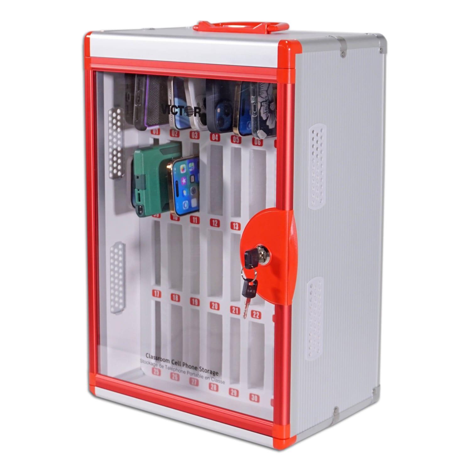 Victor Aluminum Classroom Cell Phone Locker, 20-3/4inH x 12-7/16inW x 8-1/2inD, White/Red