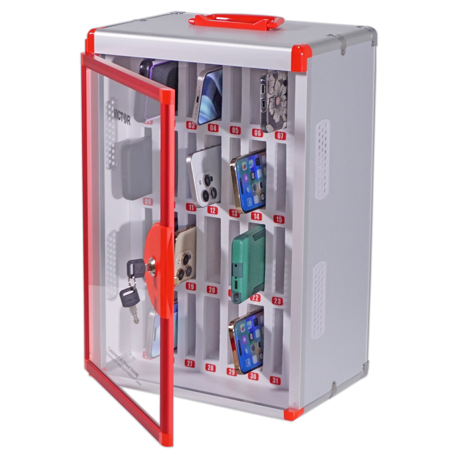 Victor Aluminum Classroom Cell Phone Locker, 20-3/4inH x 12-7/16inW x 8-1/2inD, White/Red - Image 5