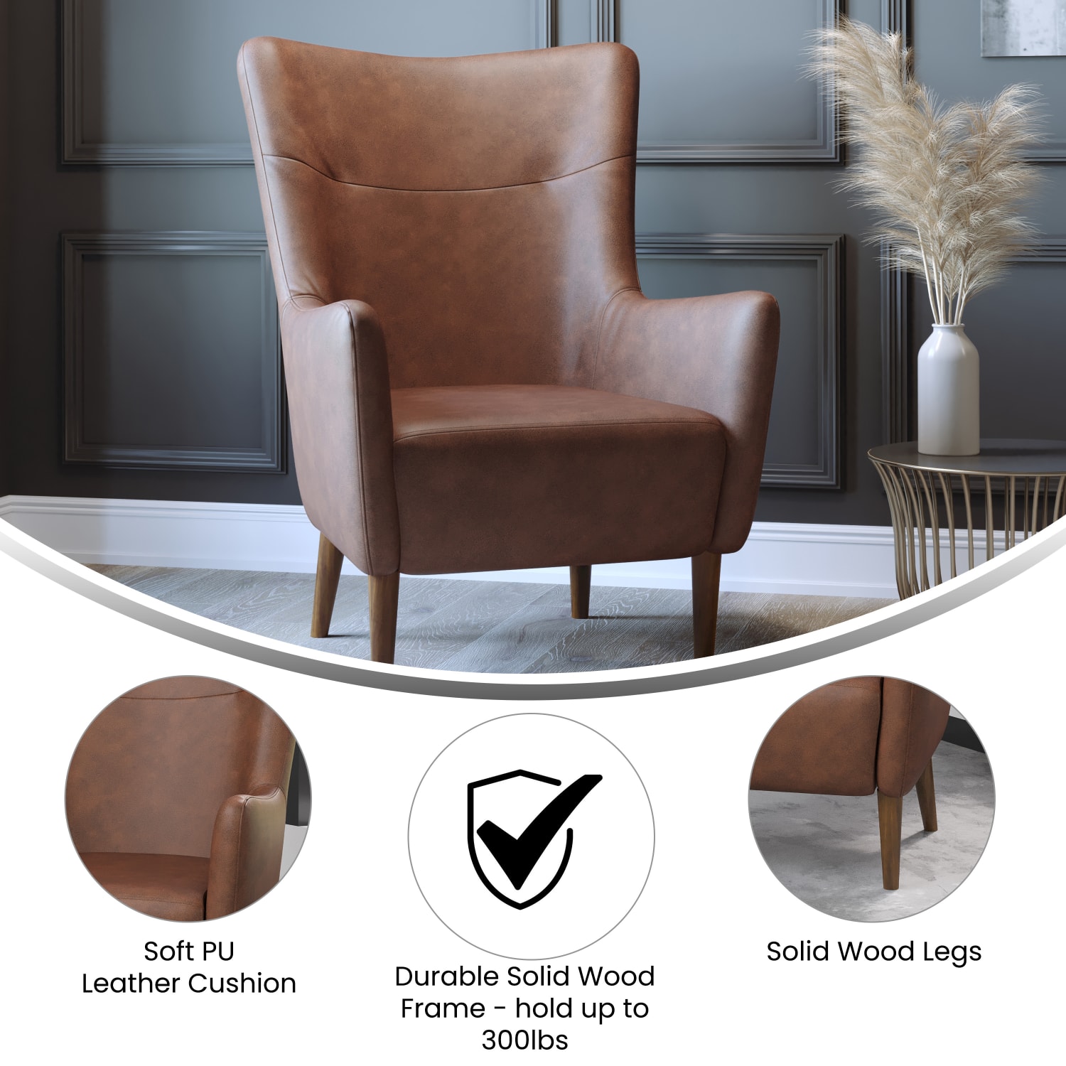 Flash Furniture Connor Traditional Wingback Accent Chair, Commercial Grade Faux Leather Upholstery and Wooden Frame and Legs, Dark Brown - Image 4