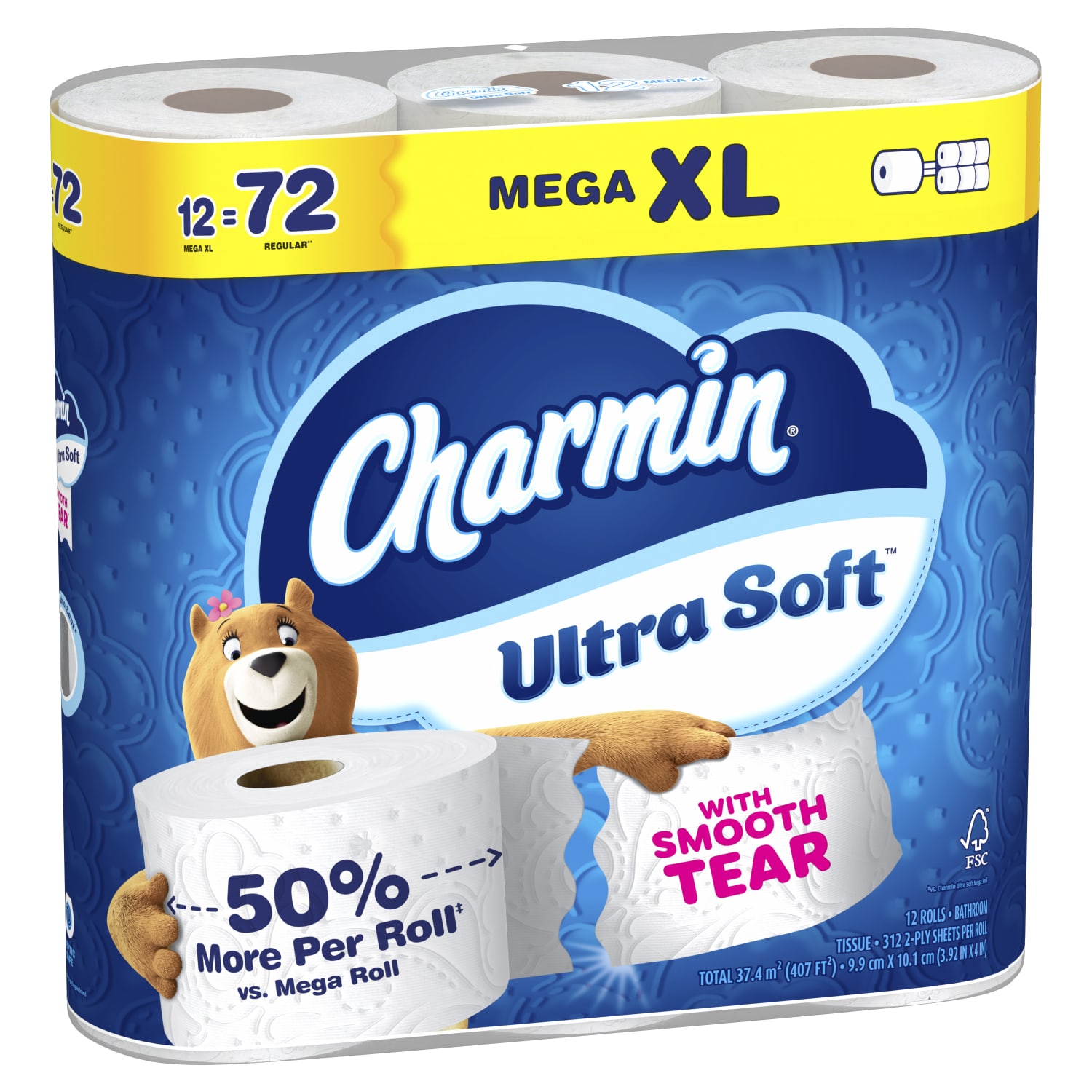 Charmin Ultra Soft 2-Ply Toilet Paper, 104ft, White, 12 Mega XL Rolls Per Pack, Case Of 4 Packs - Image 4
