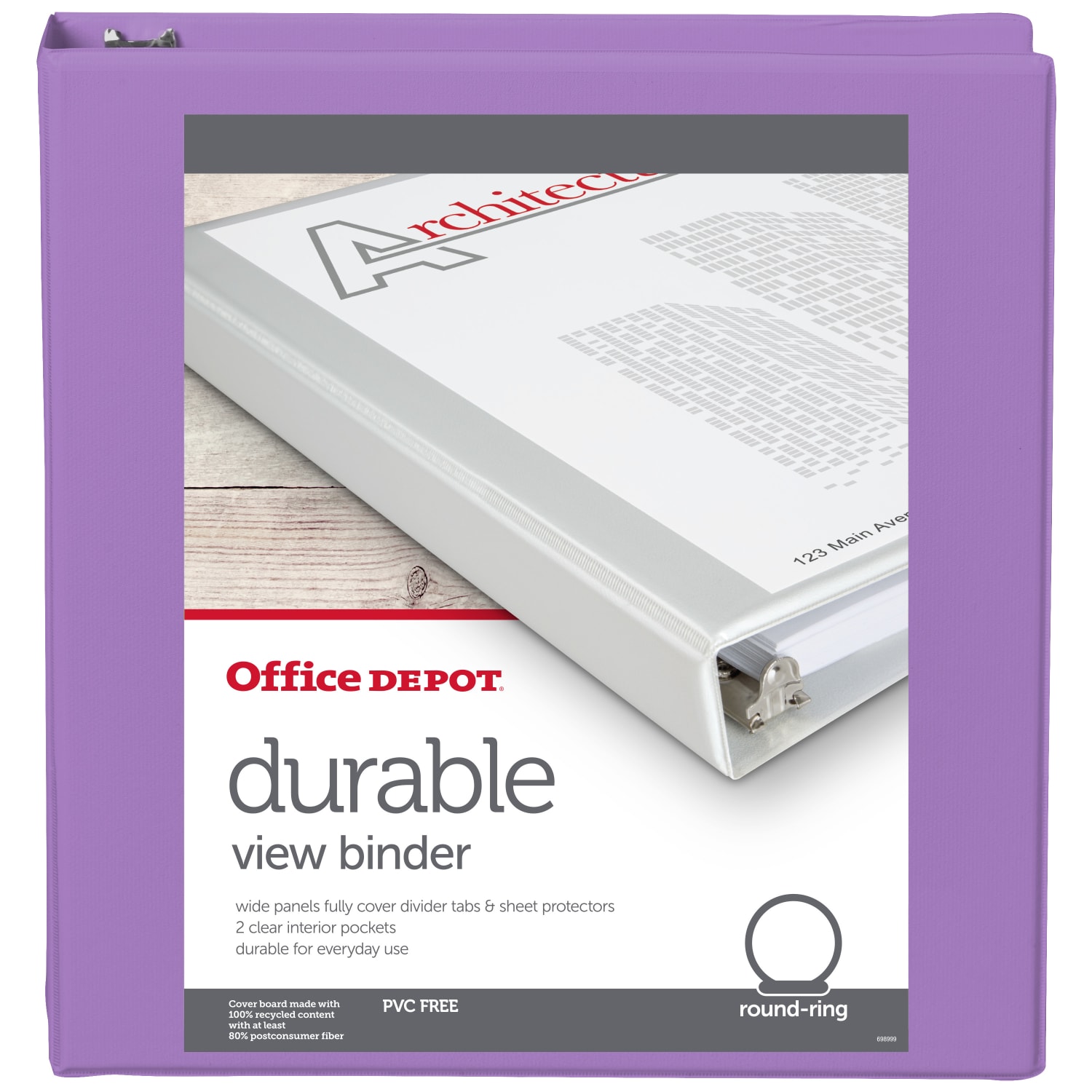 Office Depot 3-Ring Durable View Binder, 1-1/2in Round Rings, 49% Recycled, Purple - Image 3