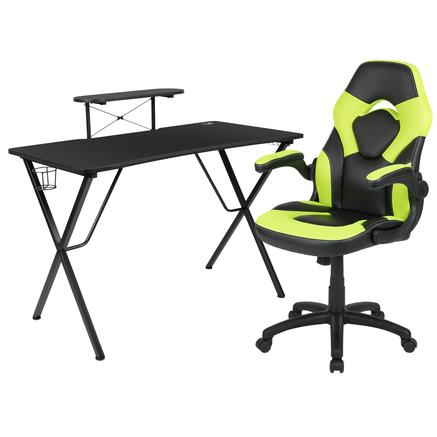 Flash Furniture Gaming Desk And Racing Chair Set With Cup Holder, Headphone Hook and Monitor/Smartphone Stand, Green - Image 3