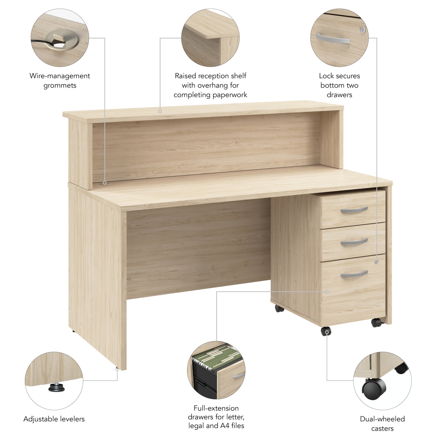 Bush Business Furniture Arrive 60inW Reception Desk with Shelf and Mobile File Cabinet, Natural Elm, Standard Delivery - Image 5