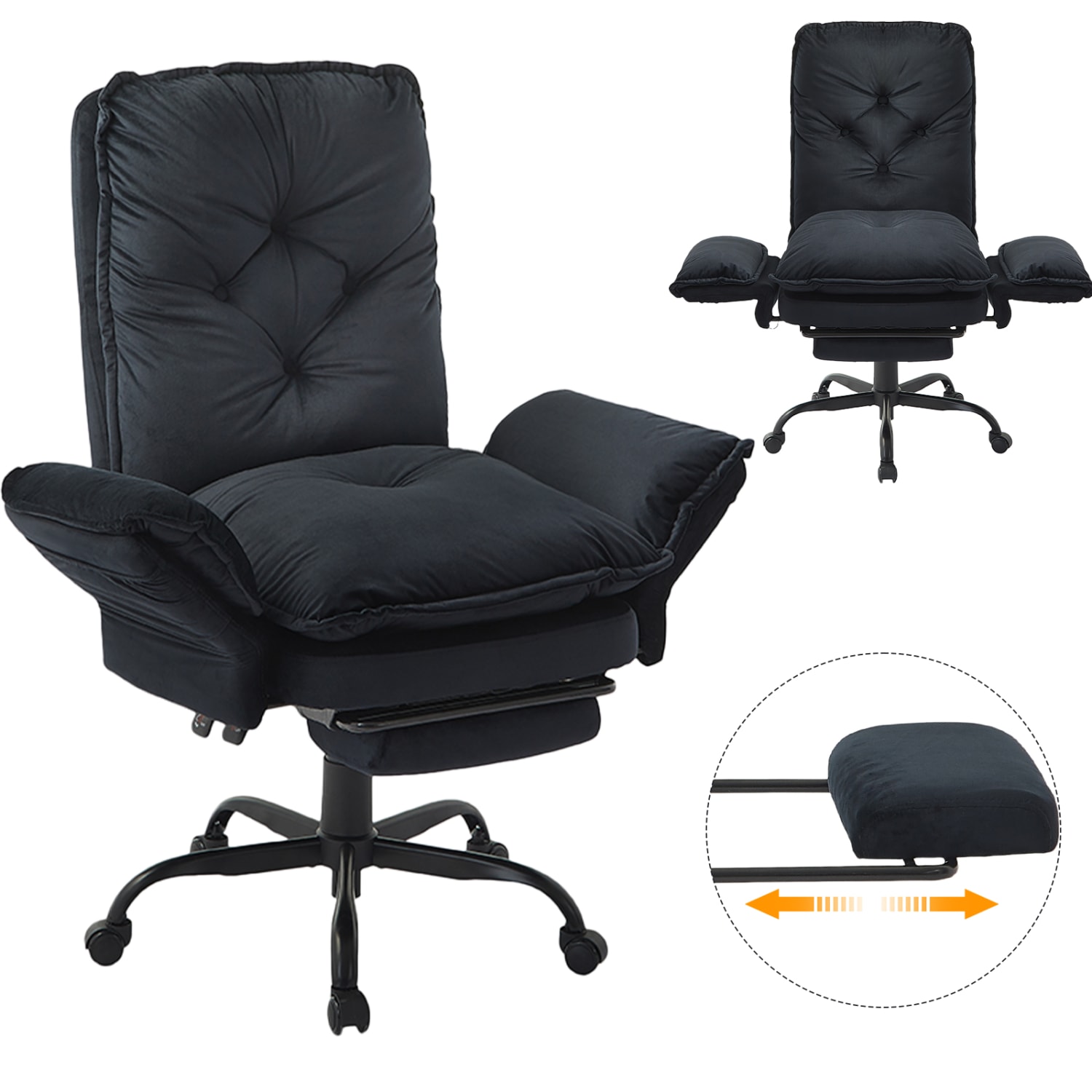 Bestier Velvet High-Back Cross-Legged Office Chair With Flip-Up Arms And Footrest, Black, Total Quantity 1 - Image 3