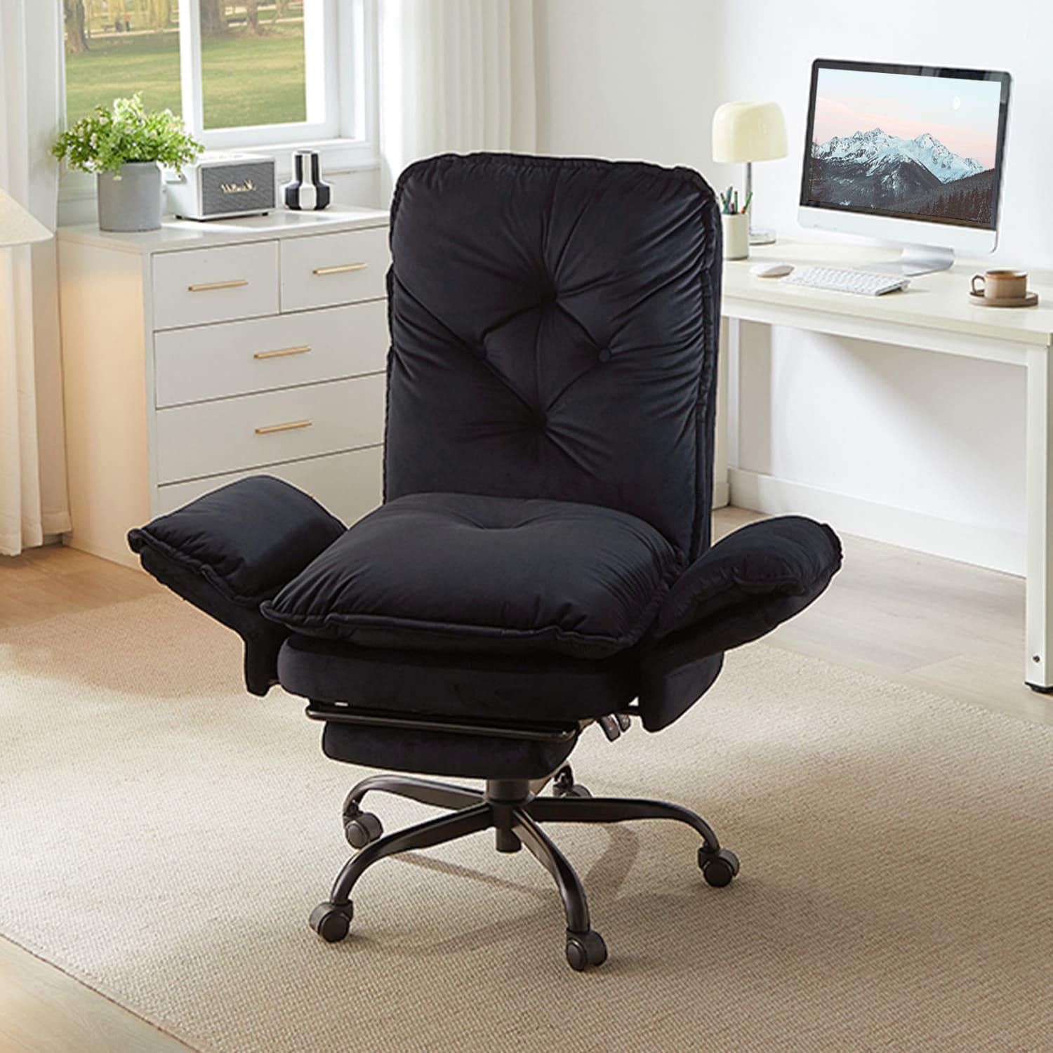 Bestier Velvet High-Back Cross-Legged Office Chair With Flip-Up Arms And Footrest, Black, Total Quantity 1 - Image 4