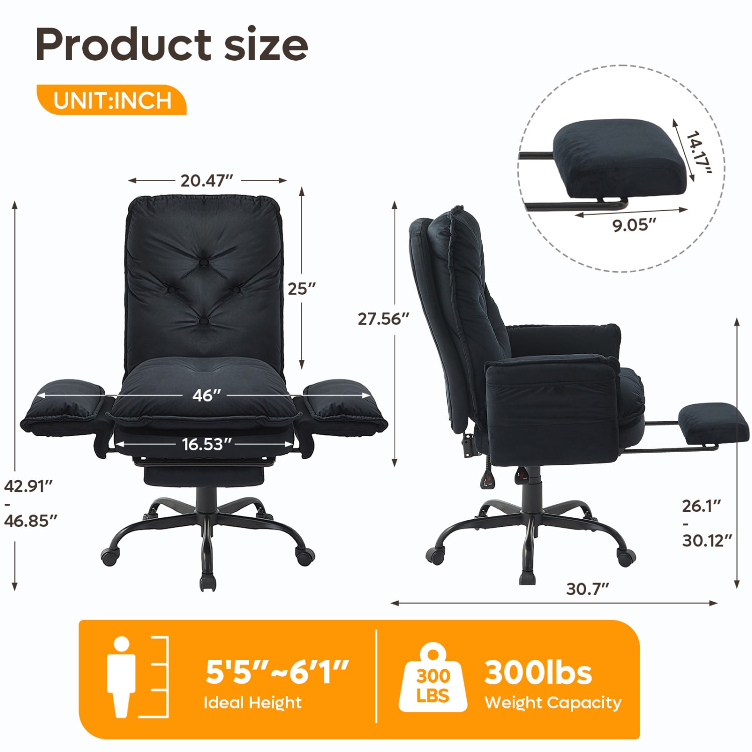 Bestier Velvet High-Back Cross-Legged Office Chair With Flip-Up Arms And Footrest, Black, Total Quantity 1 - Image 6