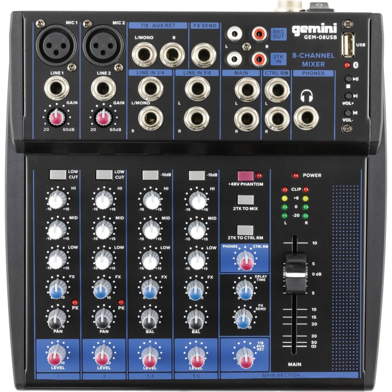 Gemini Sound GEM-08USB: COMPACT 8 Channel Bluetooth Mixer - Analog - 8 Channel(s) - USB - Bluetooth - Black, Blue - Image 4
