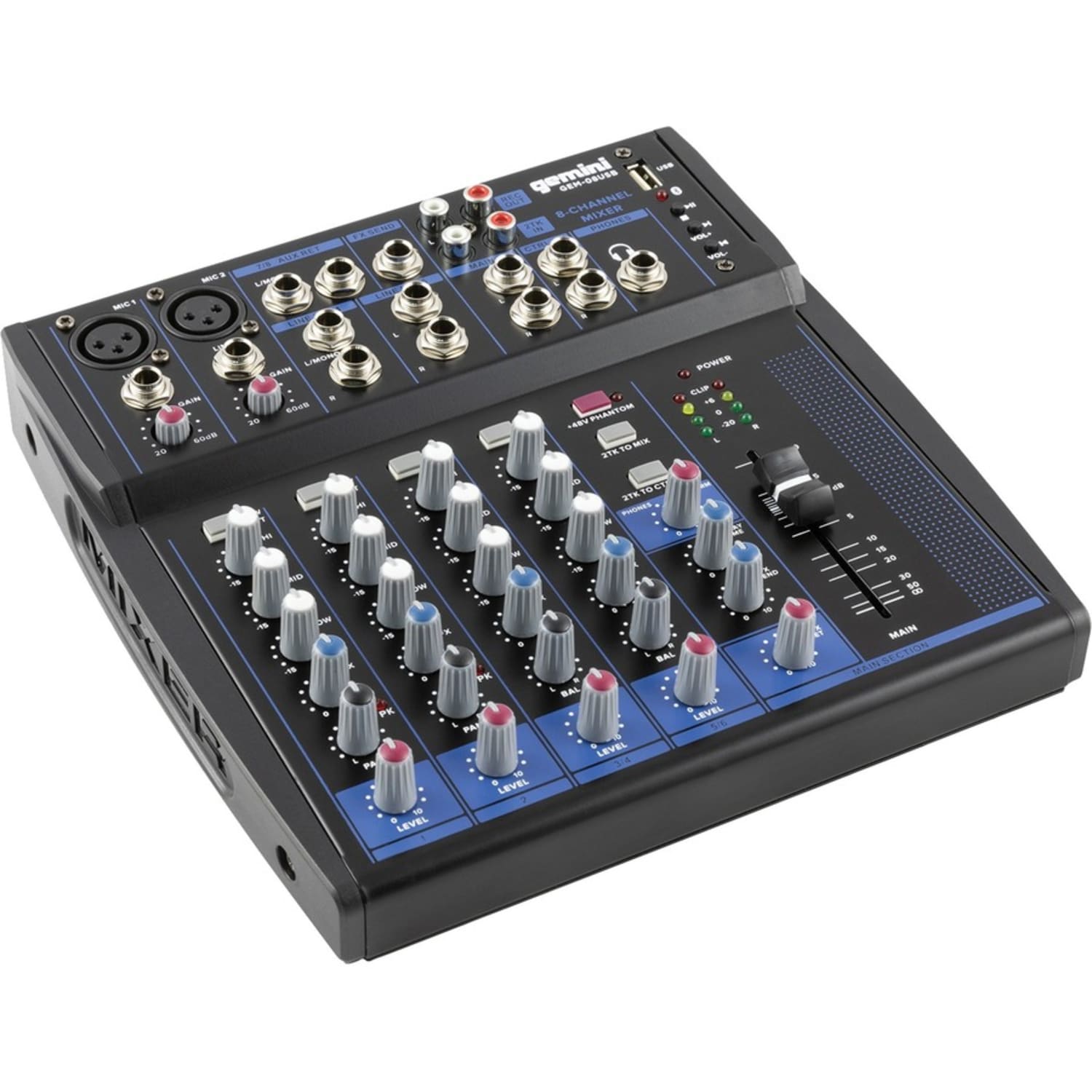 Gemini Sound GEM-08USB: COMPACT 8 Channel Bluetooth Mixer - Analog - 8 Channel(s) - USB - Bluetooth - Black, Blue - Image 5