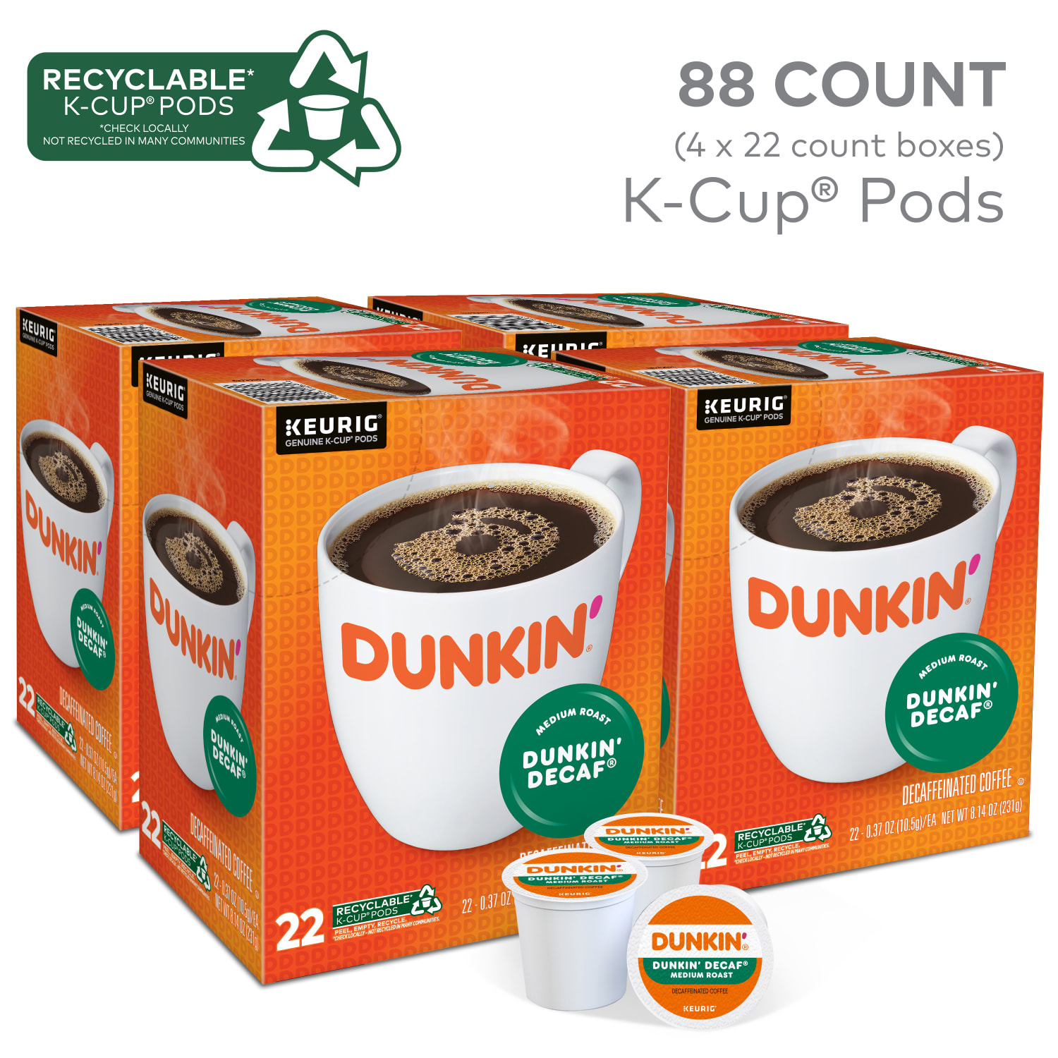 Dunkin Donuts Decaf Keurig Single-Serve K-Cup Pods, Medium Roast, 22 Pods Per Pack, Case Of 4 Packs - Image 3