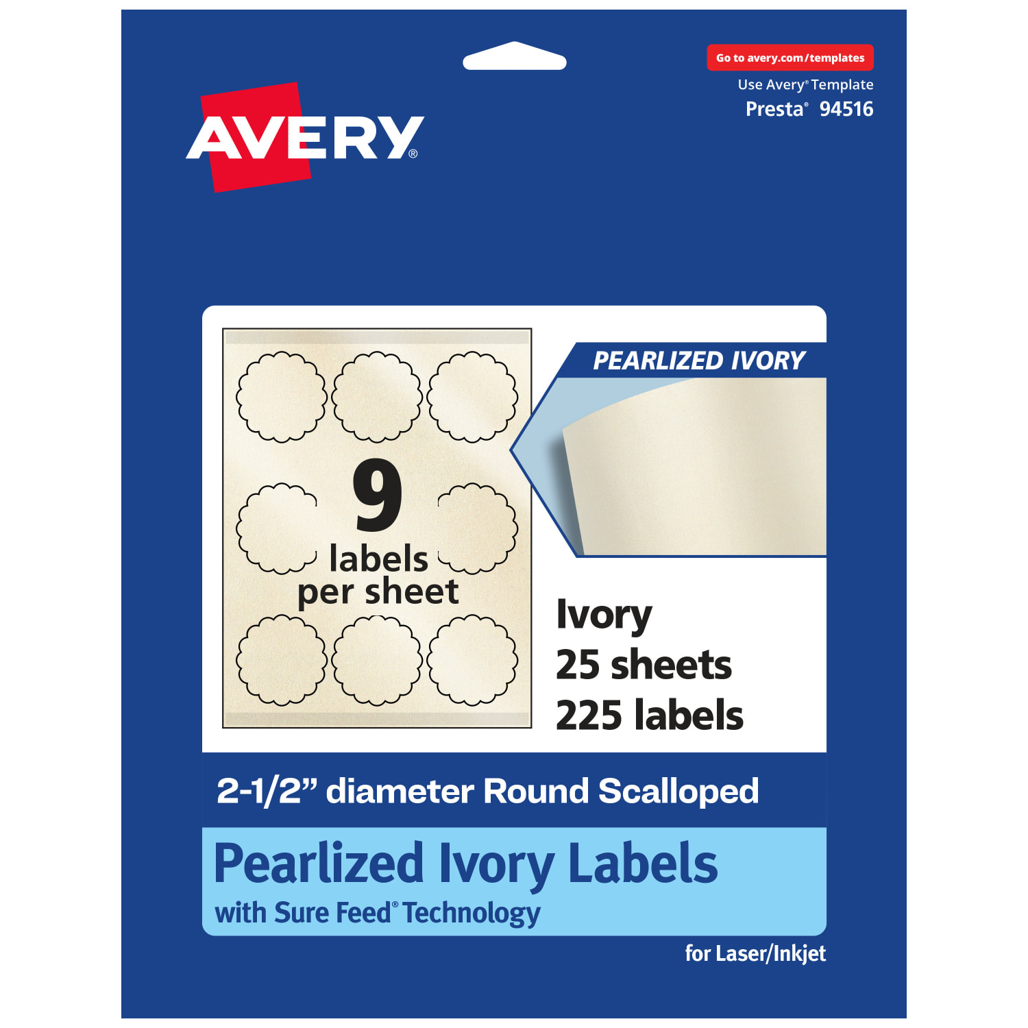 Avery Pearlized Permanent Labels With Sure Feed, 94516-PIP25, Round Scalloped, 2-1/2in Diameter, Ivory, Pack Of 225 Labels