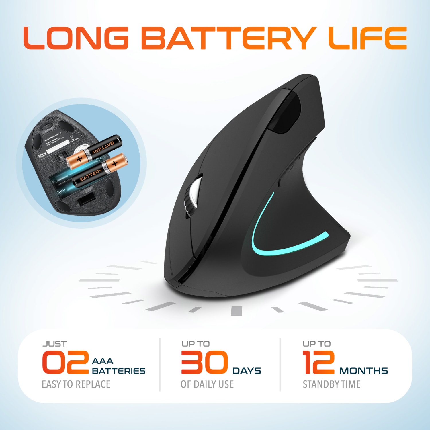 Delton S12 Vertical Ergonomic Wireless Mouse, Black - Image 3