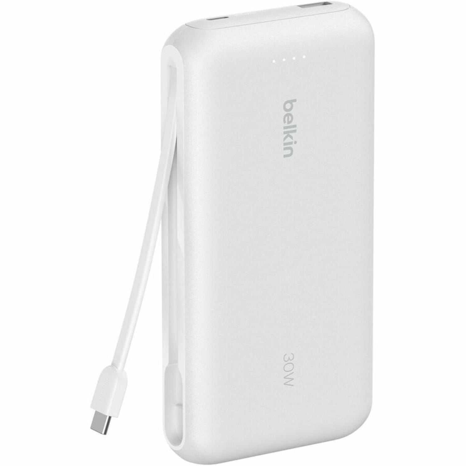 Belkin 30W 2-port Power Bank w/ Integrated USB-C Cable, 20K mAh, 1xUSB-A, 1xUSB-C, Portable Charger, White, BPB024FQWH - Image 3