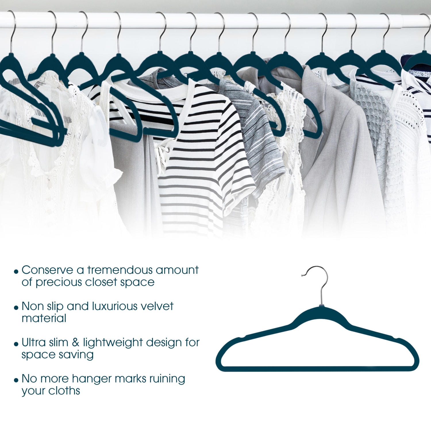 Elama Home Velvet Slim Profile Heavy-Duty Felt Hangers With Swivel Hooks, Blue, Pack Of 30 Hangers - Image 5