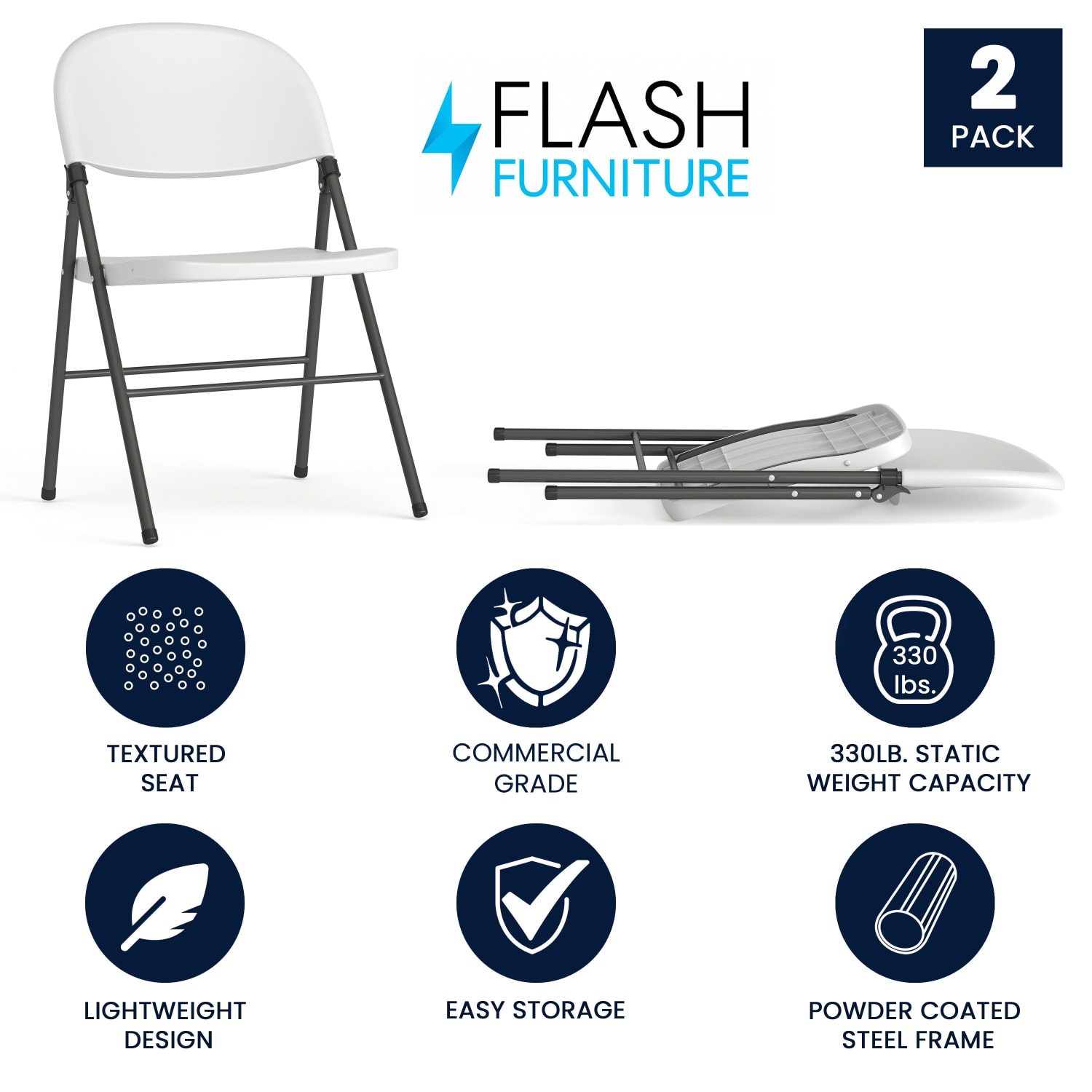 Flash Furniture HERCULES 330 lb Capacity Plastic Folding Chairs Granite WhiteCharcoal Set Of 2 Chairs PopularChairscom